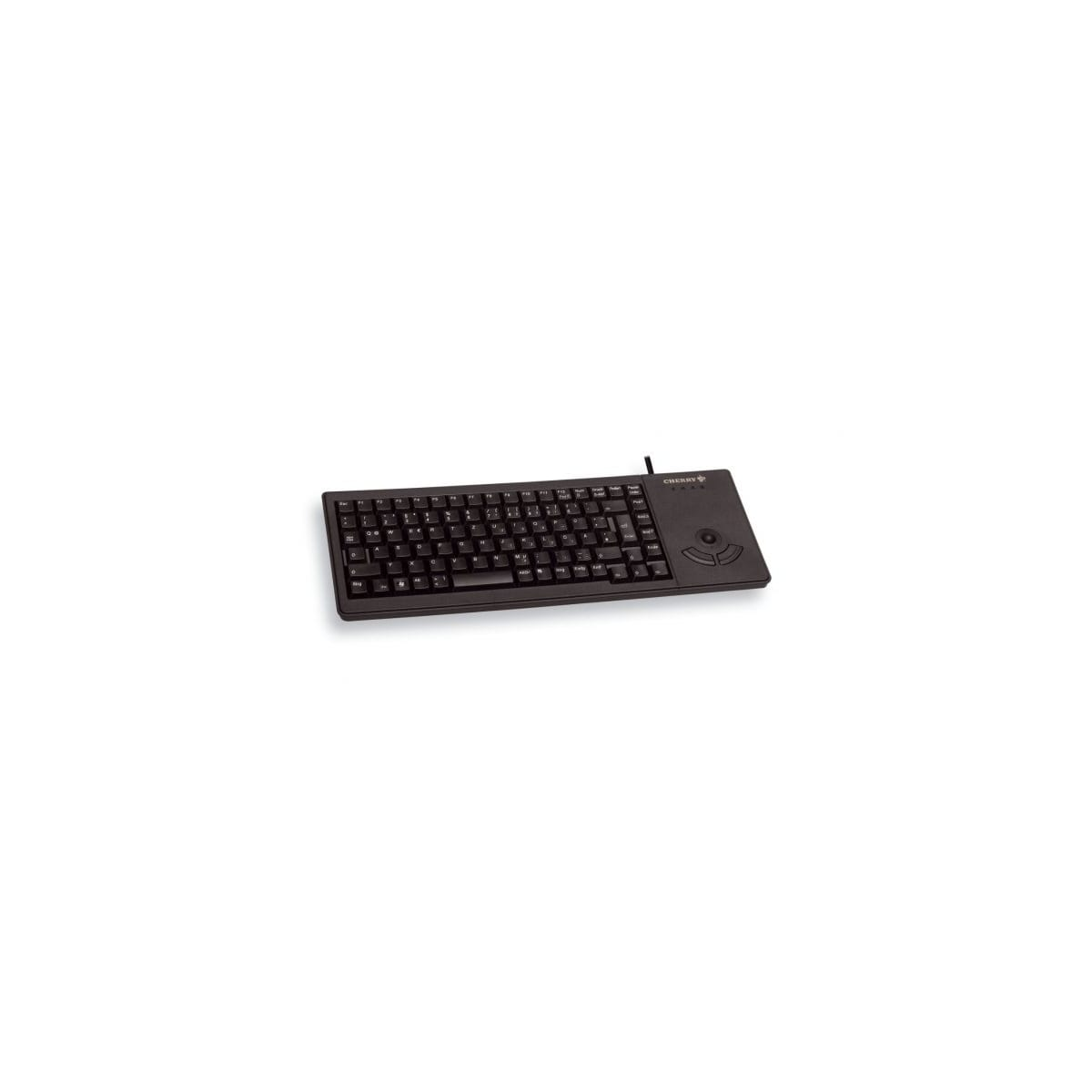 Teclado negro con trackball, aislado sobre blanco. El teclado está en ángulo.