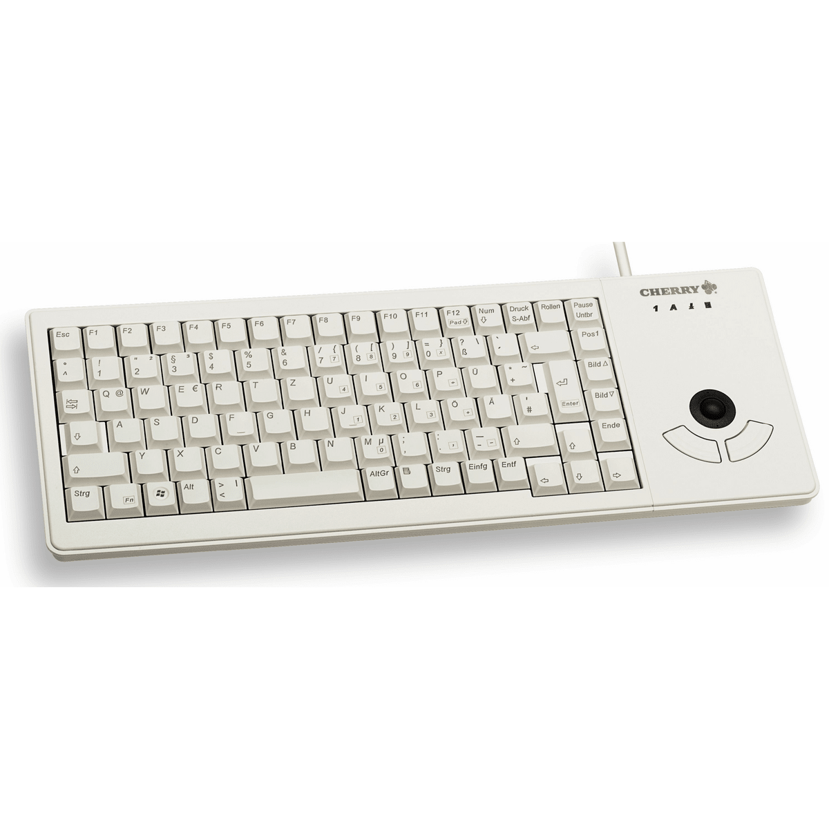 Tastiera bianca con trackball e tastierino numerico, isolata su sfondo bianco, angolata.
