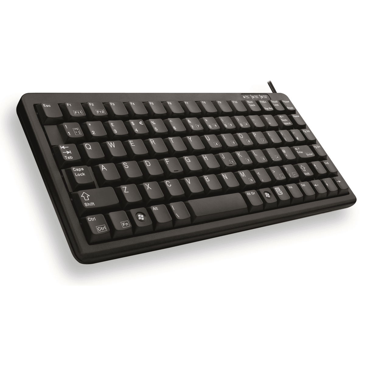 Czarna klawiatura z klawiszami. Białe litery i symbole. Tło jest białe.