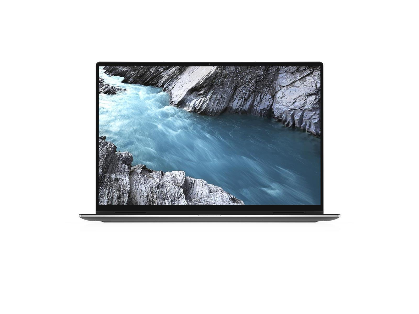 Ein Laptop zeigt eine Flussszene. Das Wasser ist blau und fließt zwischen grauen Felsklippen. Der Laptop ist geschlossen.
