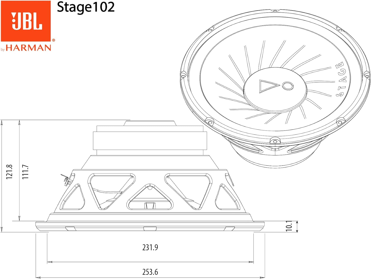 JBL Stage 102 Lautsprecherdiagramm mit Abmessungen. Zeigt einen Subwoofer mit Maßen in mm und Produktlogo.