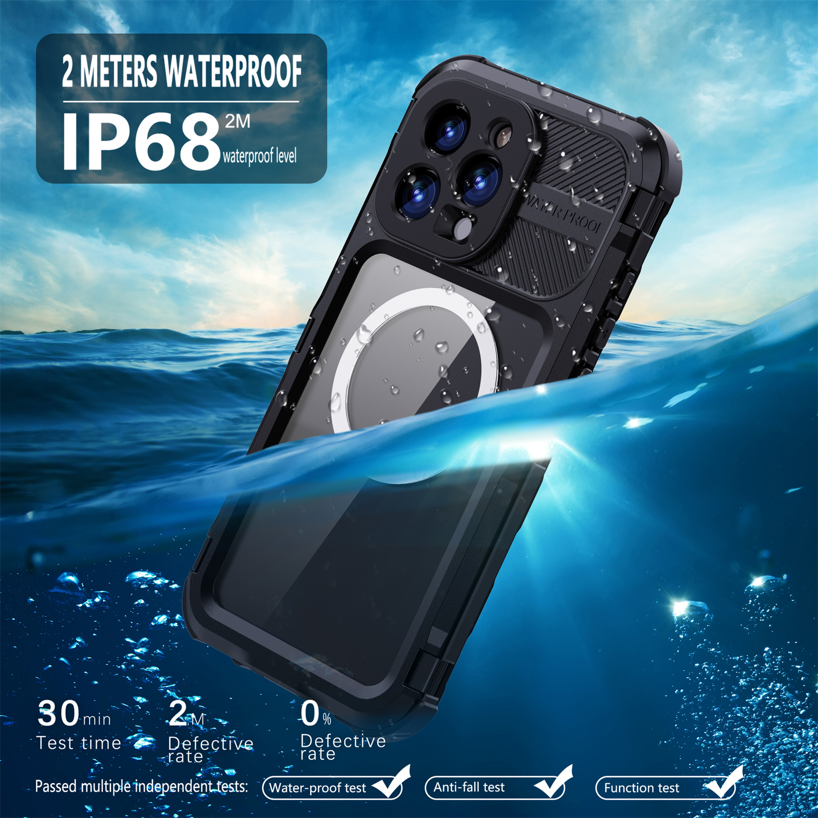 Handyhülle unter Wasser. Text: 2 Meter wasserdicht, IP68. Testzeit 30 Min, 0% Fehlerquote.