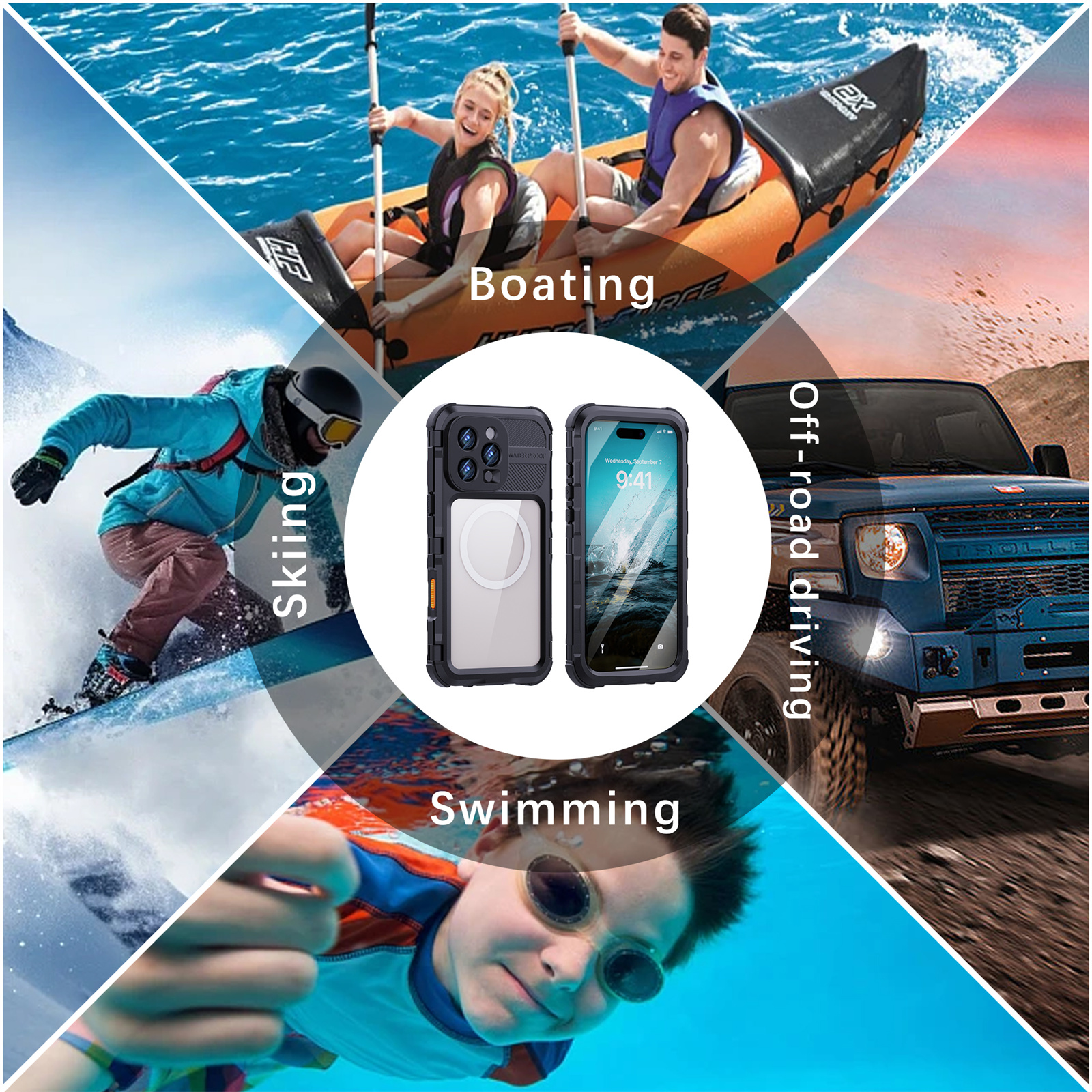 Handyhülle in verschiedenen Umgebungen: Bootfahren, Skifahren, Schwimmen und Offroad-Fahren, zeigt Vielseitigkeit und Schutz.