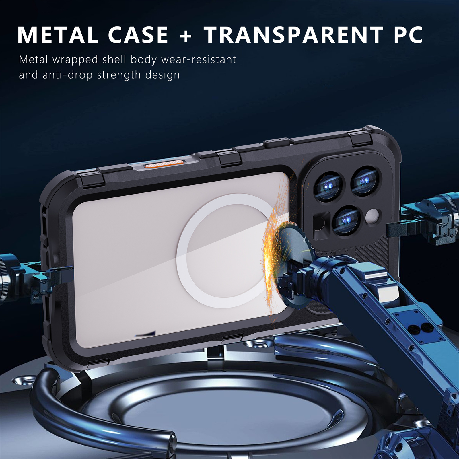 Eine schwarze Handyhülle mit Telefon und Metallgehäuse. Funken fliegen von der Hülle und heben das Metall hervor.