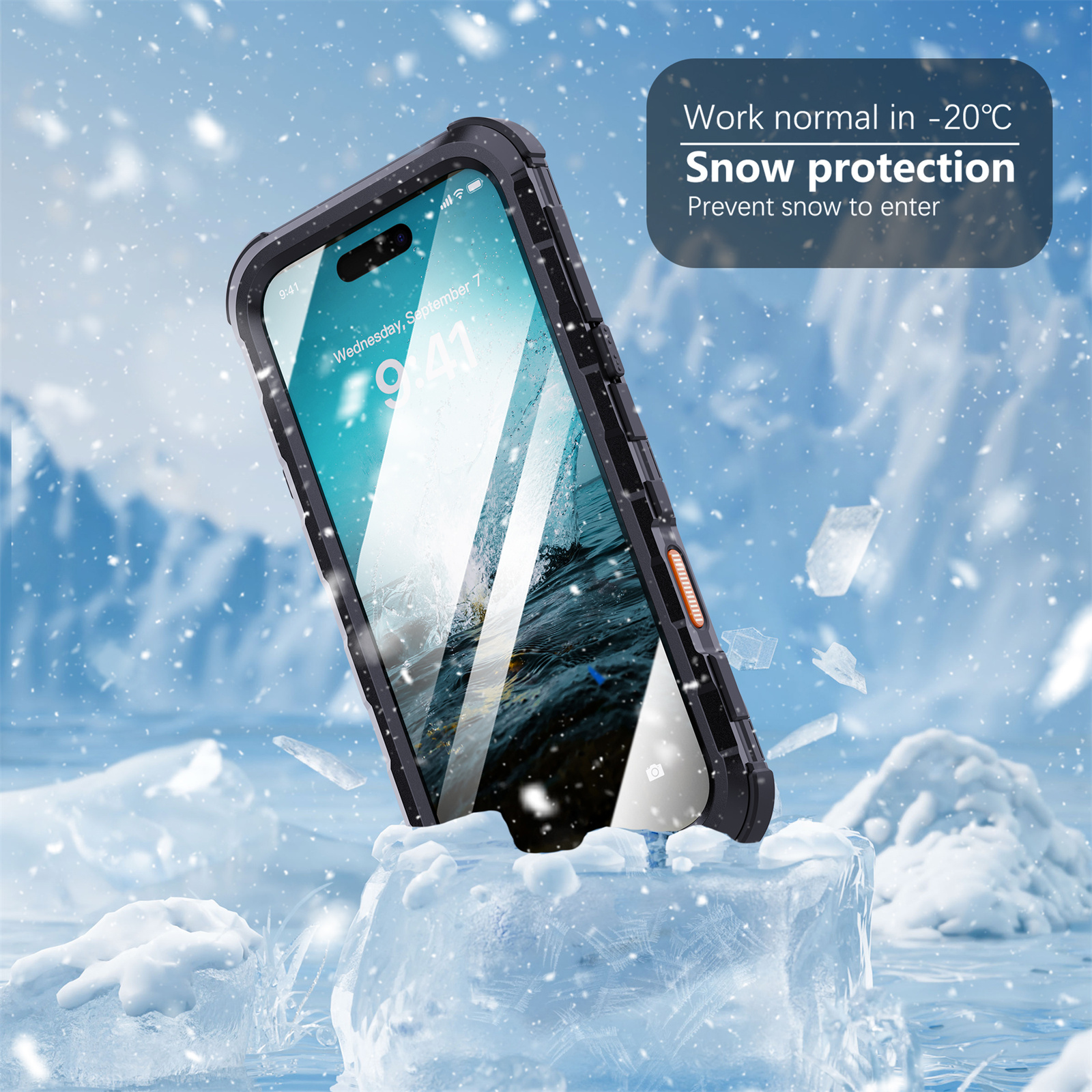 Telefon in schwarzem Gehäuse mit Schnee-Effekt. Text weist auf Schneeschutz und normales Arbeiten bei -20°C hin.