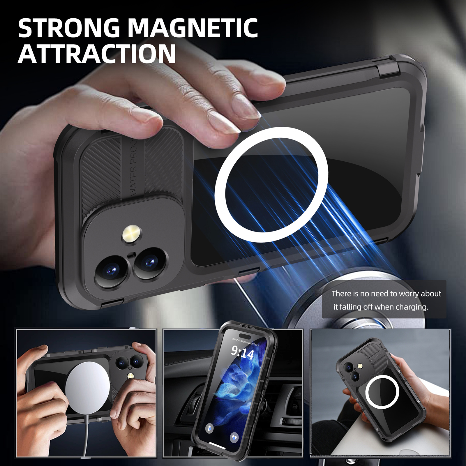 Handyhülle mit starker magnetischer Anziehungskraft. Eine Hand hält das Telefon. Text: Man muss sich keine Sorgen machen.