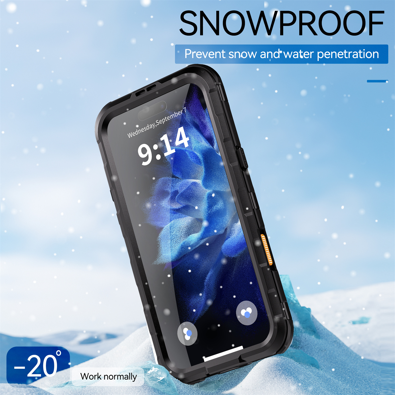 Telefon in schwarzem Gehäuse mit Schnee. Text: Schneefest, verhindert Schnee- und Wassereintritt, funktioniert bei -20°C.