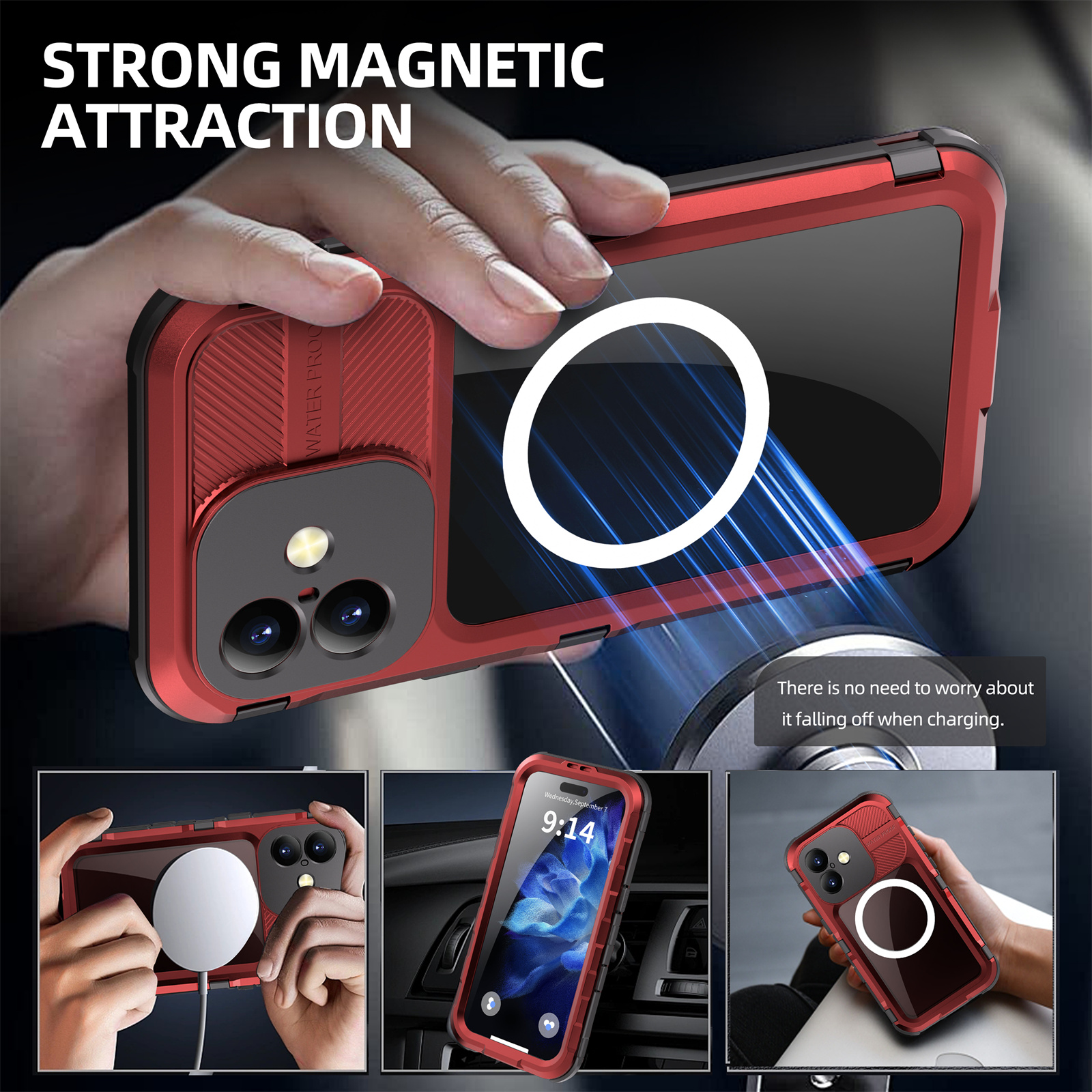Rote Handyhülle mit starker magnetischer Anziehungskraft. Text: Starke magnetische Anziehungskraft. Ein Telefon lädt.