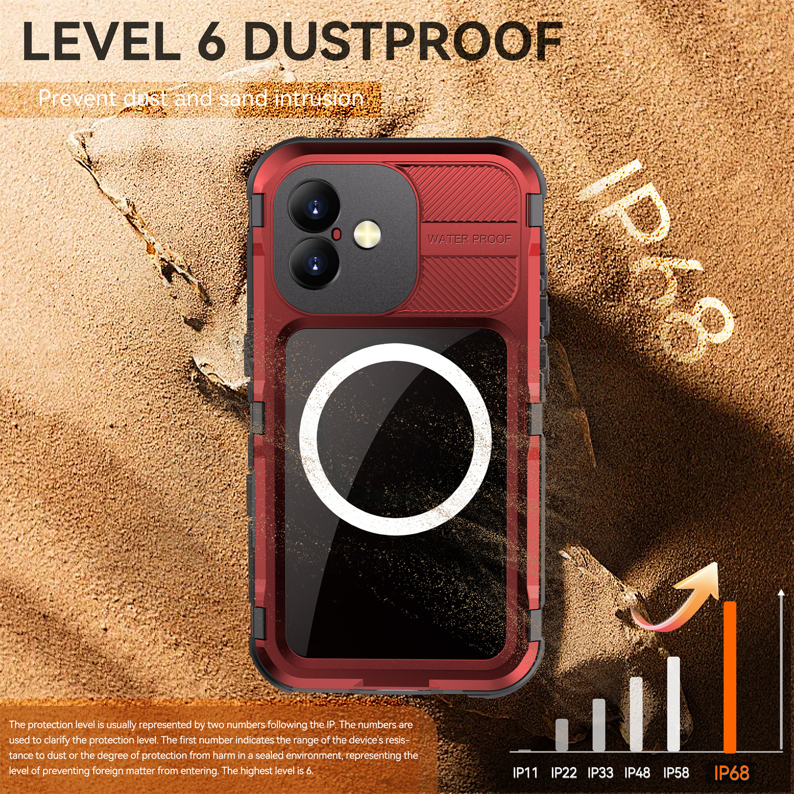 Rote Handyhülle auf Sand, mit staubdichten und wasserdichten Etiketten. IP68-Bewertung wird angezeigt.