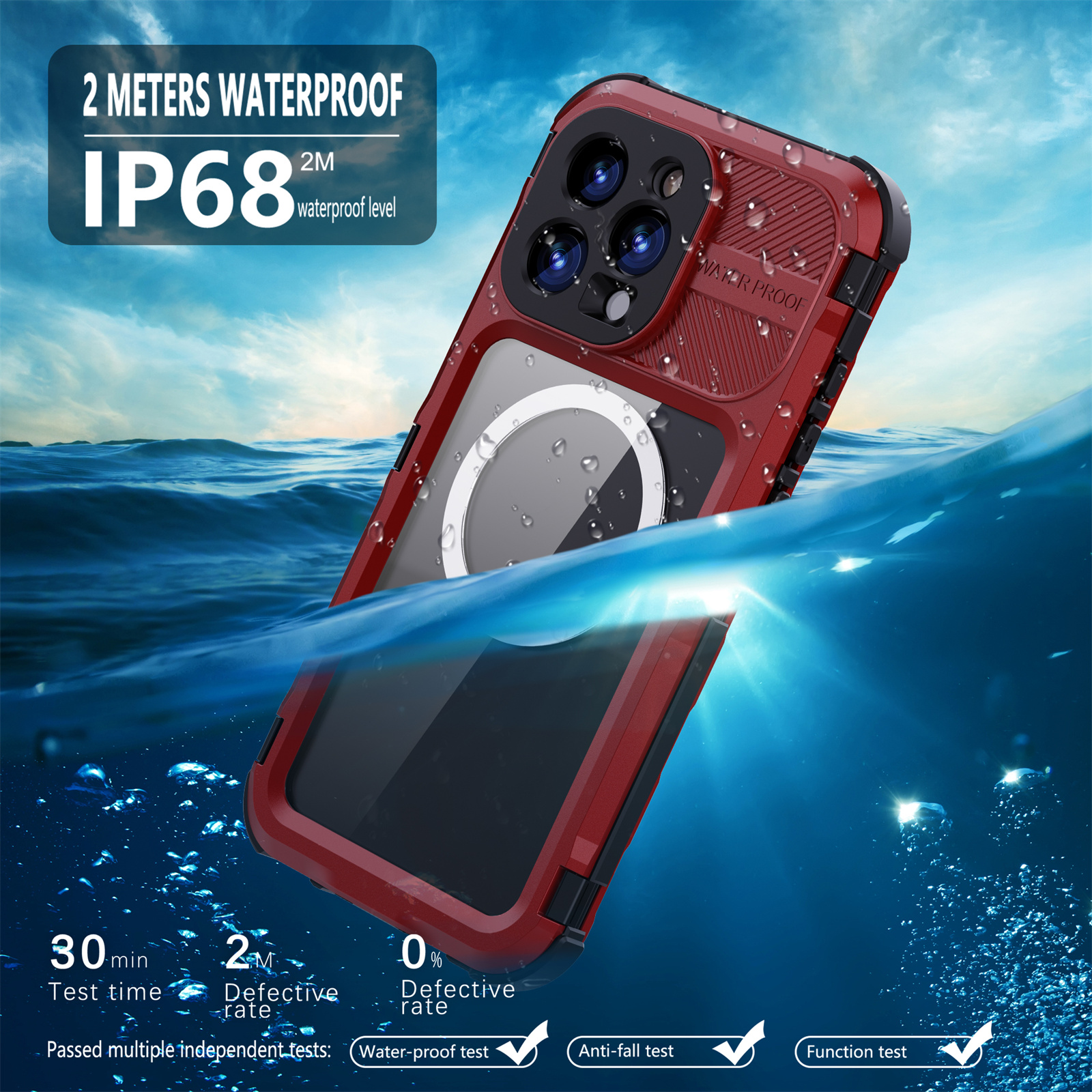 Rote Handyhülle im Wasser. Text: 2 Meter wasserdicht IP68. Das Telefon ist im Wasser.