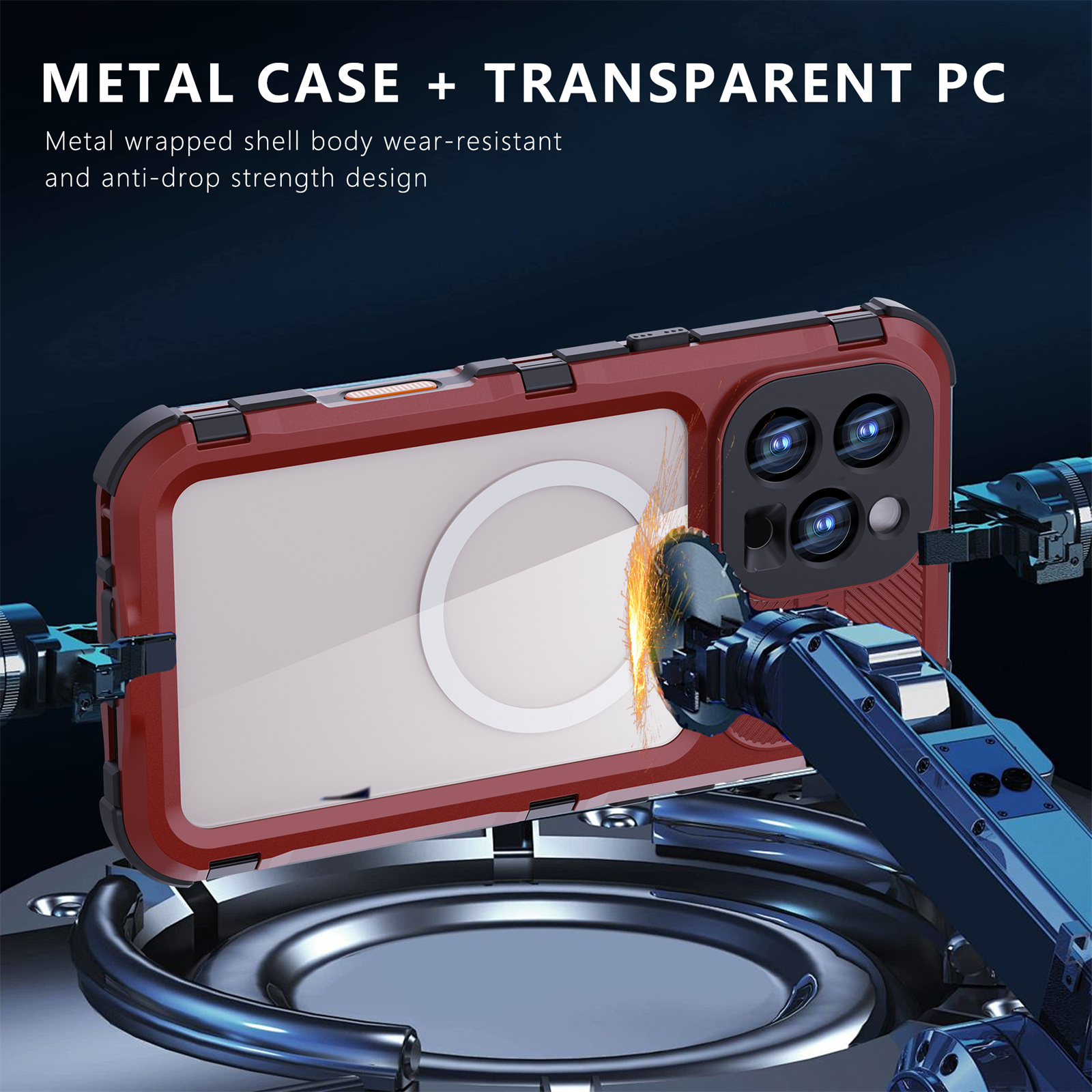 Rote Handyhülle mit Metall und transparentem PC. Text: Metallgehäuse + transparenter PC. Das Design zeigend.