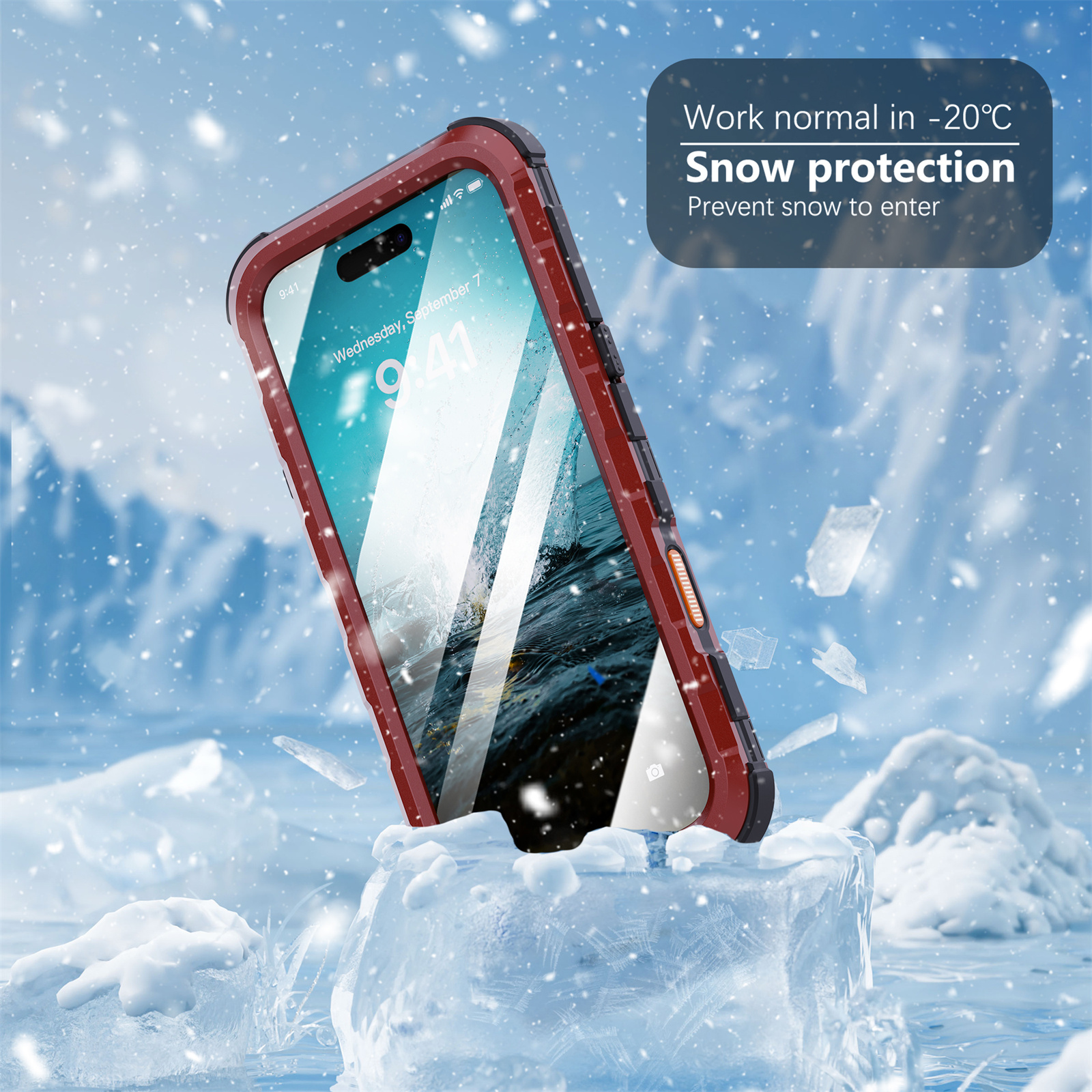 Rote Handyhülle im Schnee. Das Telefon zeigt Uhrzeit und Datum auf dem Bildschirm. Text: Schneeschutz.