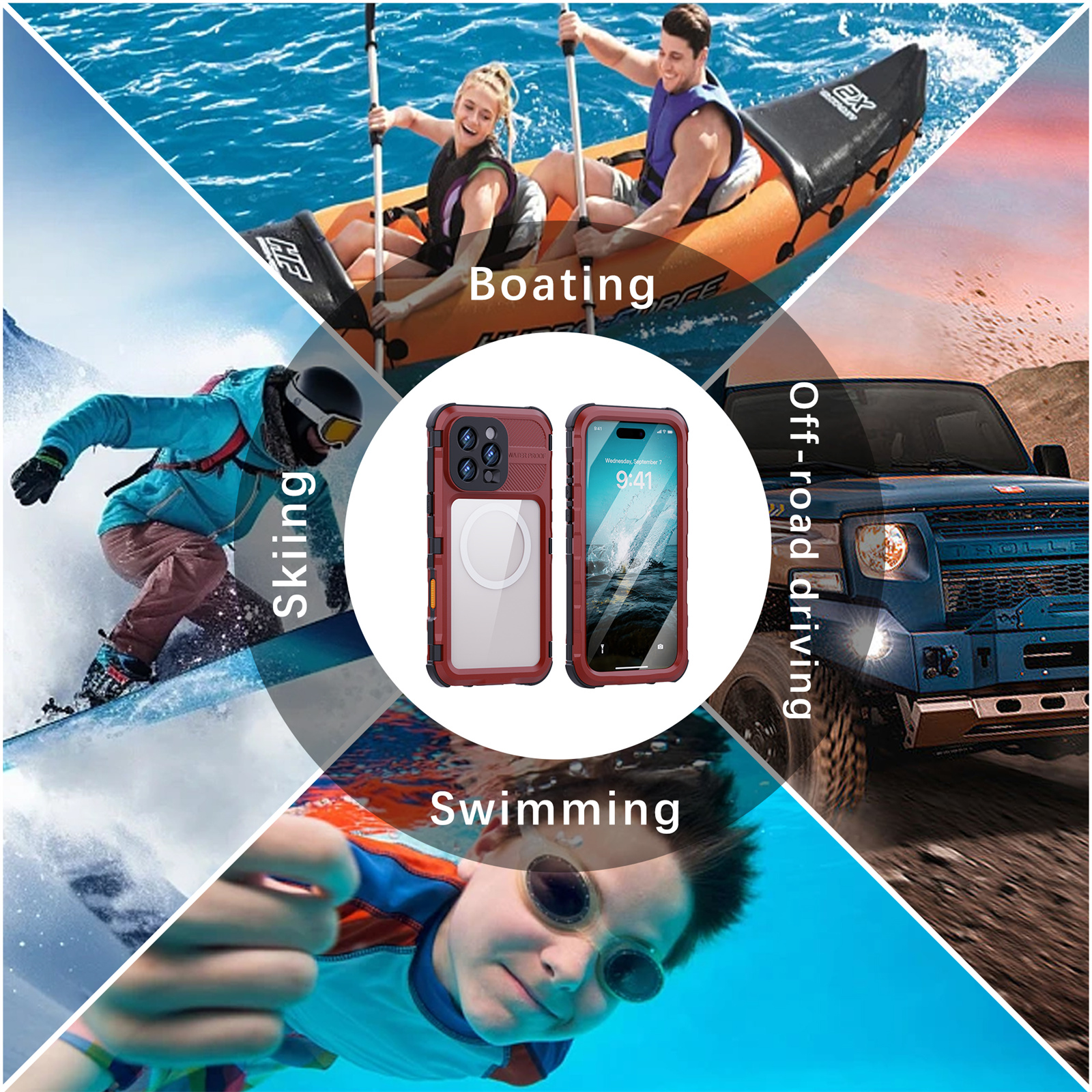 Eine Collage, die eine rote Handyhülle in verschiedenen Szenarien zeigt: Bootfahren, Skifahren, Offroad-Fahren und Schwimmen.