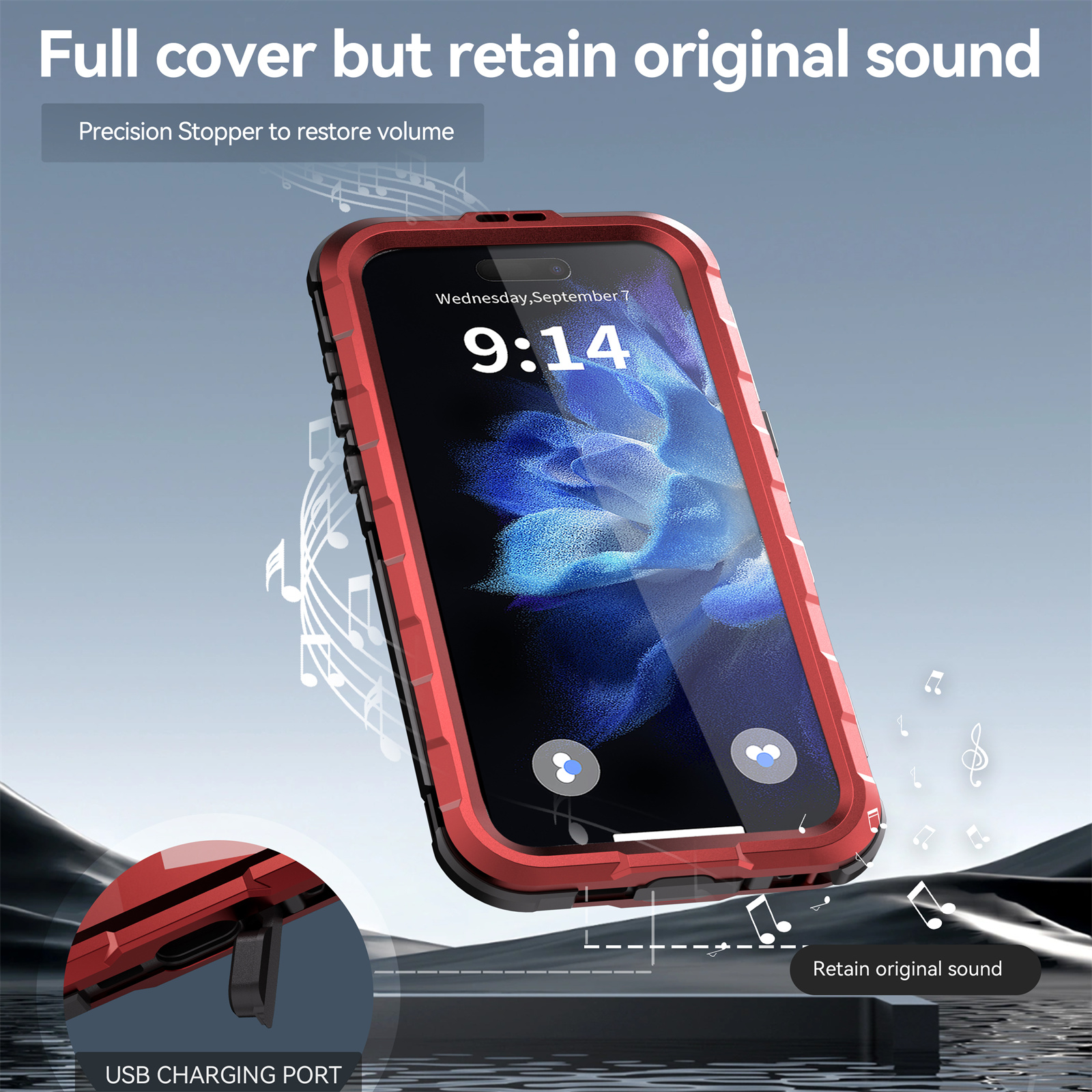 Eine rote Handyhülle mit einem Telefon darin, mit einem USB-Ladeanschluss.