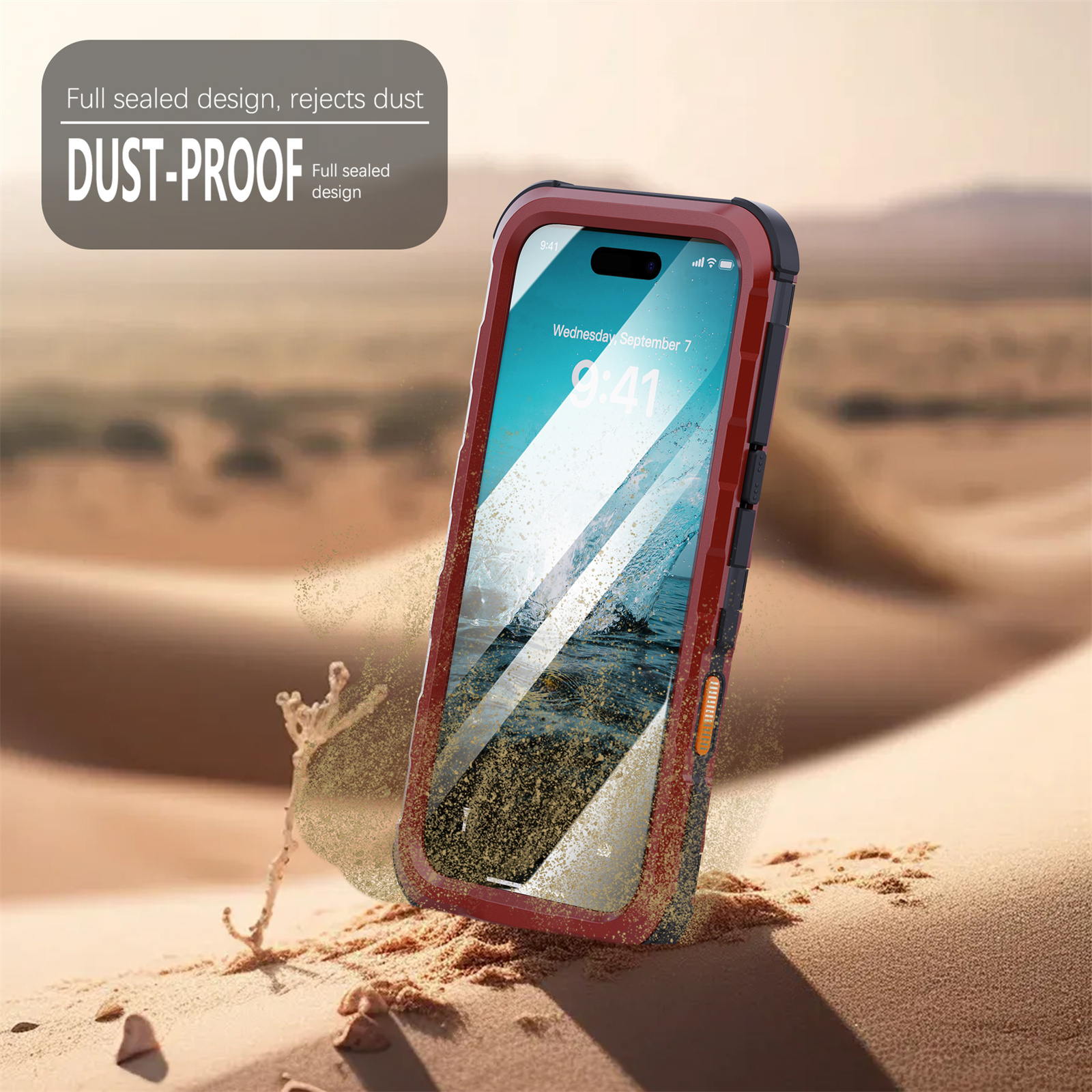 Ein Smartphone in einem roten Gehäuse befindet sich in der Wüste, Sand weht darum herum.