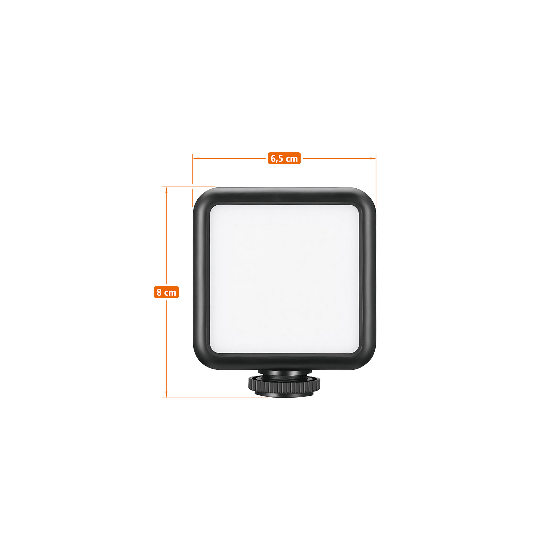 Ein quadratisches LED-Licht mit den Abmessungen 8cm x 6,5cm, schwarzem Rahmen und Sockel.