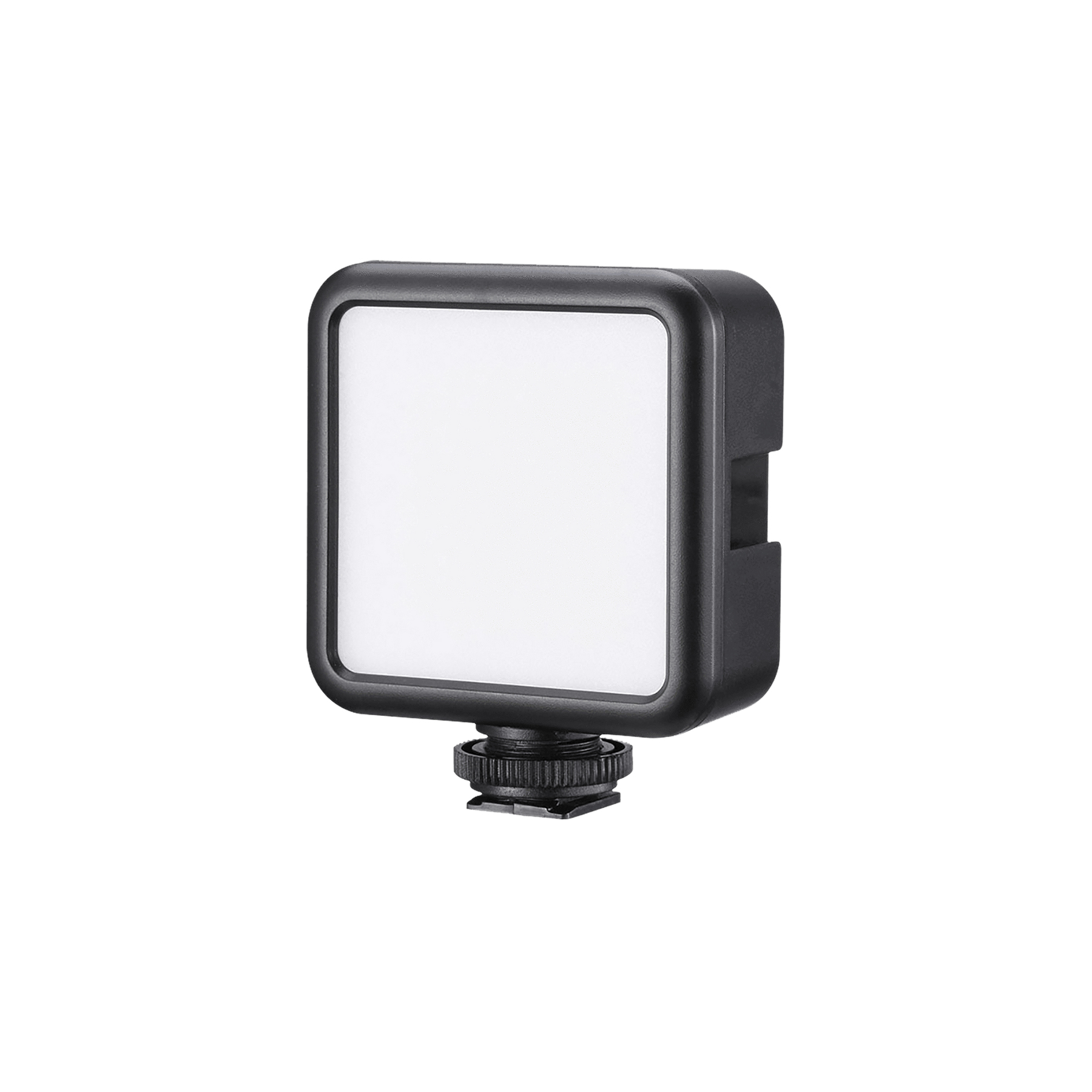 Kleine, quadratische, schwarze LED-Leuchte mit weißer Lichtfläche. Mit Kamerahalterung.