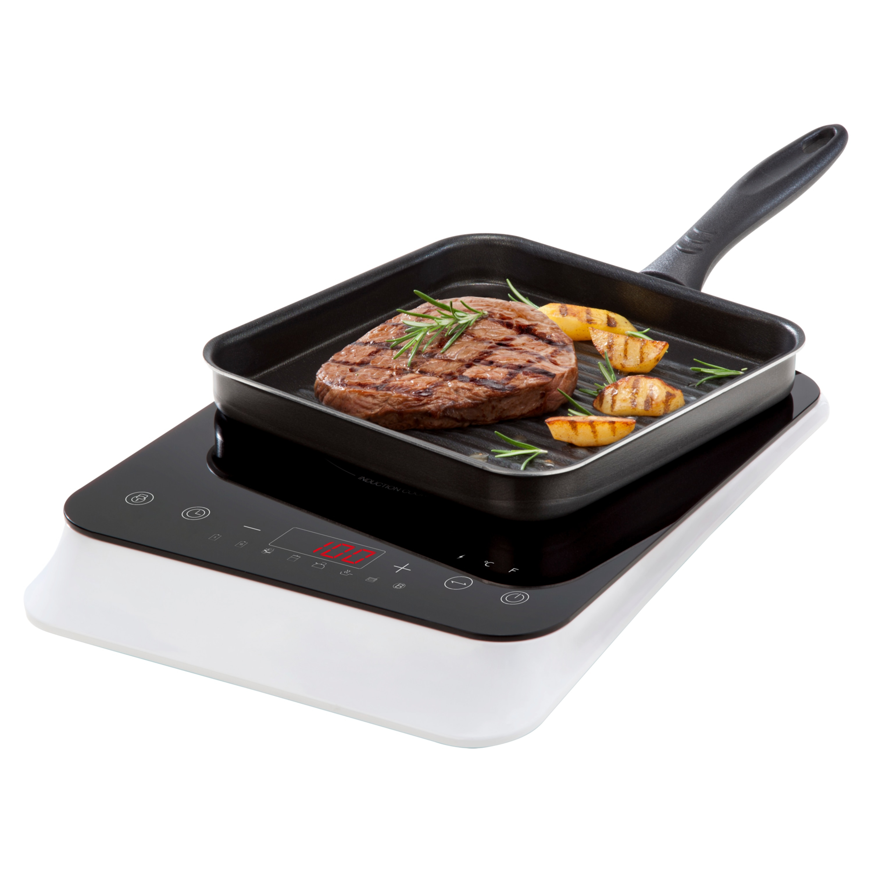 Stek w patelni grillowej na płycie indukcyjnej, z rozmarynem i grillowanymi ziemniakami.