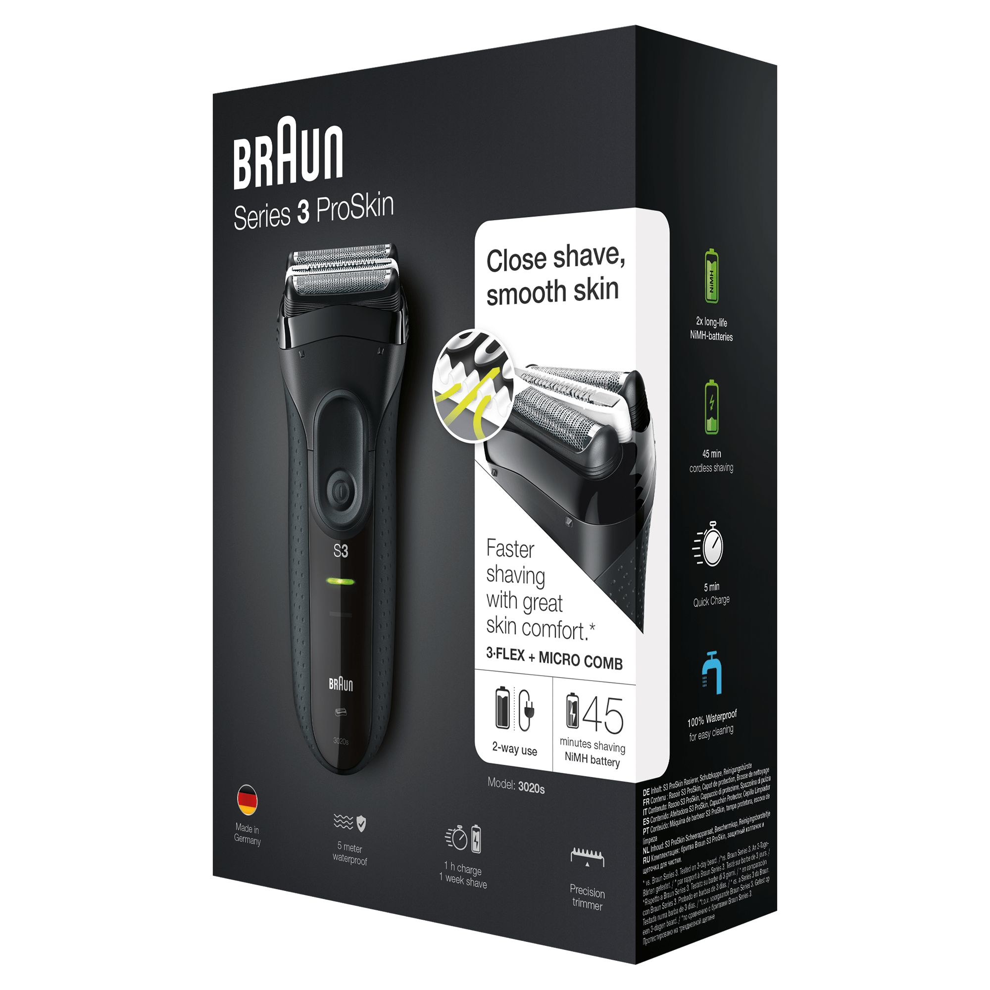 Rasoio elettrico Braun Series 3 ProSkin nella sua scatola. Nero e grigio. Il testo evidenzia le caratteristiche.