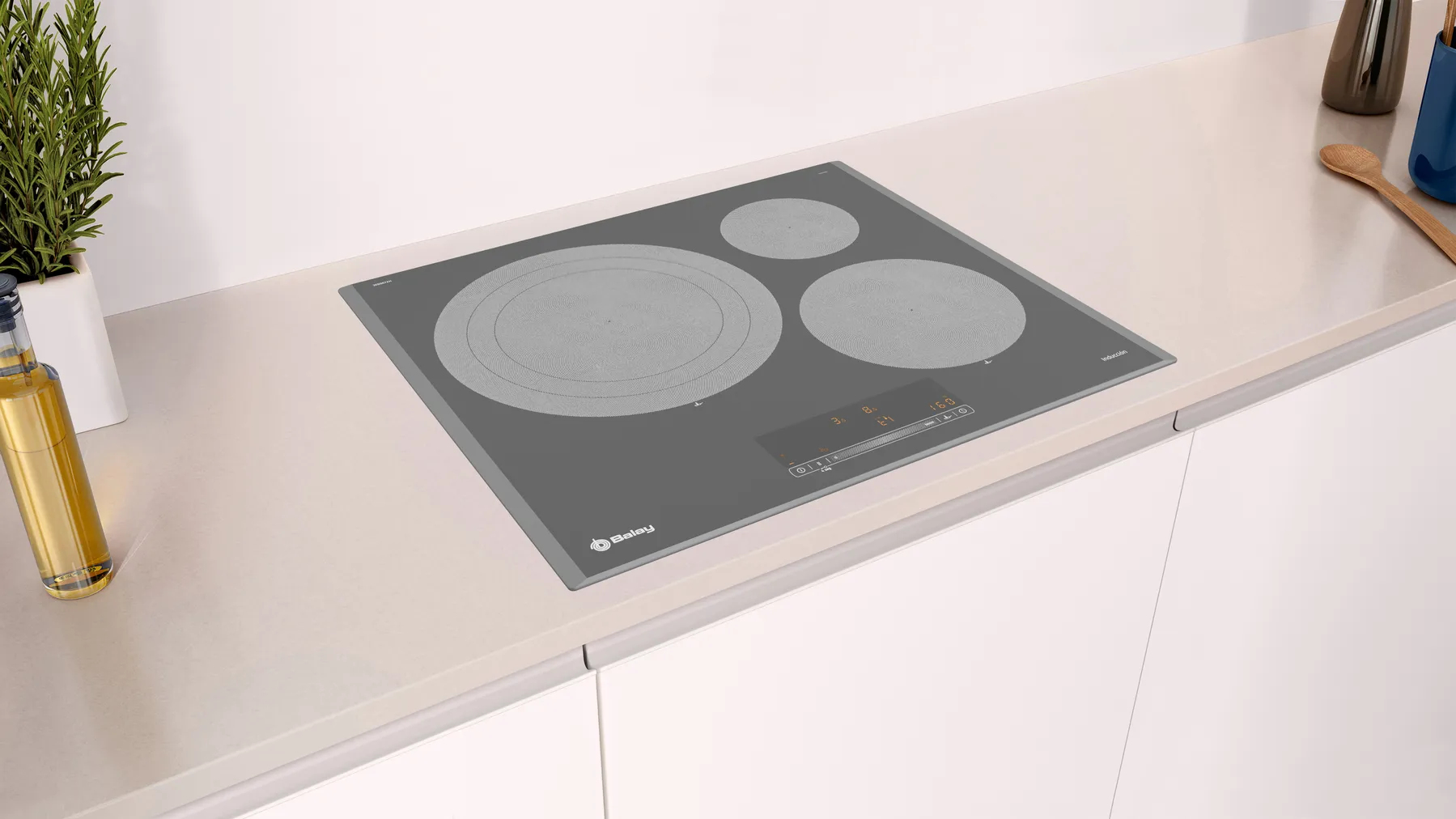 Czarna płyta grzewcza z trzema palnikami, srebrną ramką i panelem sterowania. Biały blat.