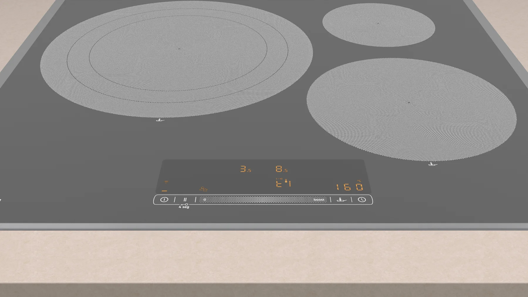 Czarna płyta grzewcza z trzema okrągłymi strefami gotowania i wyświetlaczem cyfrowym.