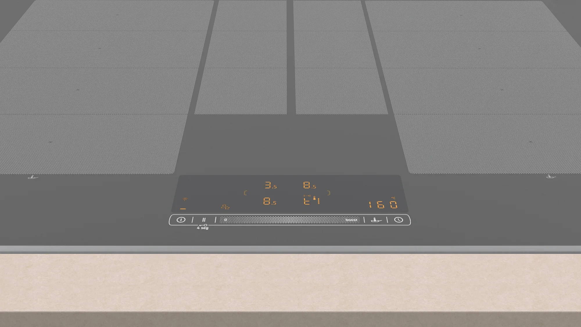 Vista cenital de una placa de cocina con pantalla digital. Muestra números e iconos.