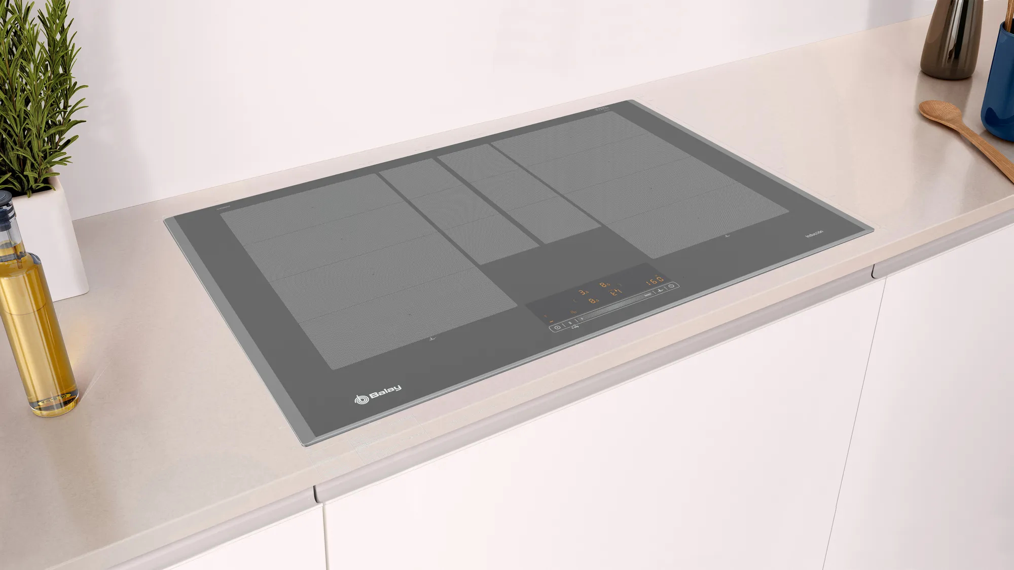 Placa de inducción con tres zonas de cocción y un panel de control.
