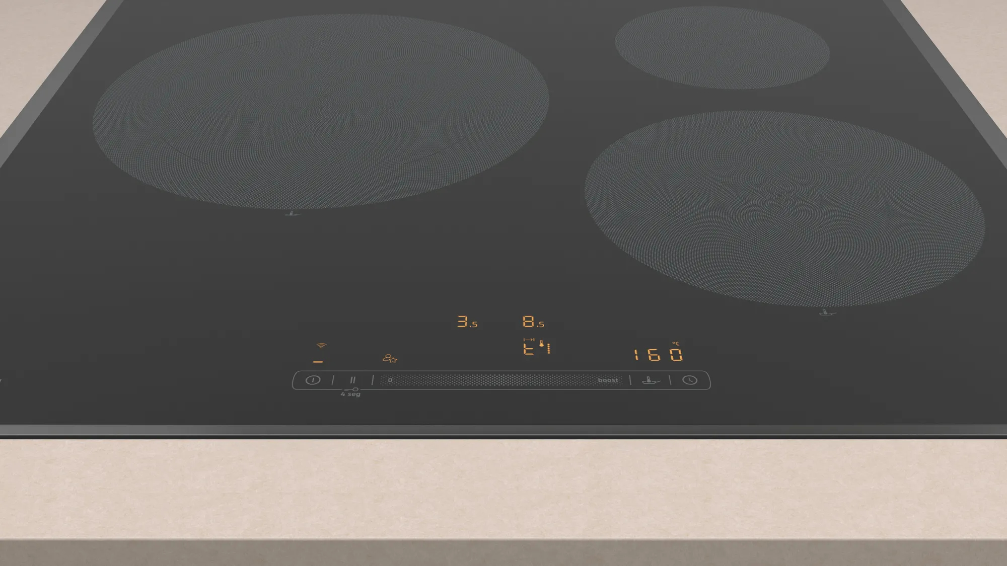 Zbliżenie czarnej płyty z wyświetlaczem cyfrowym. Biały wyświetlacz z cyframi i symbolami. Beżowy blat.