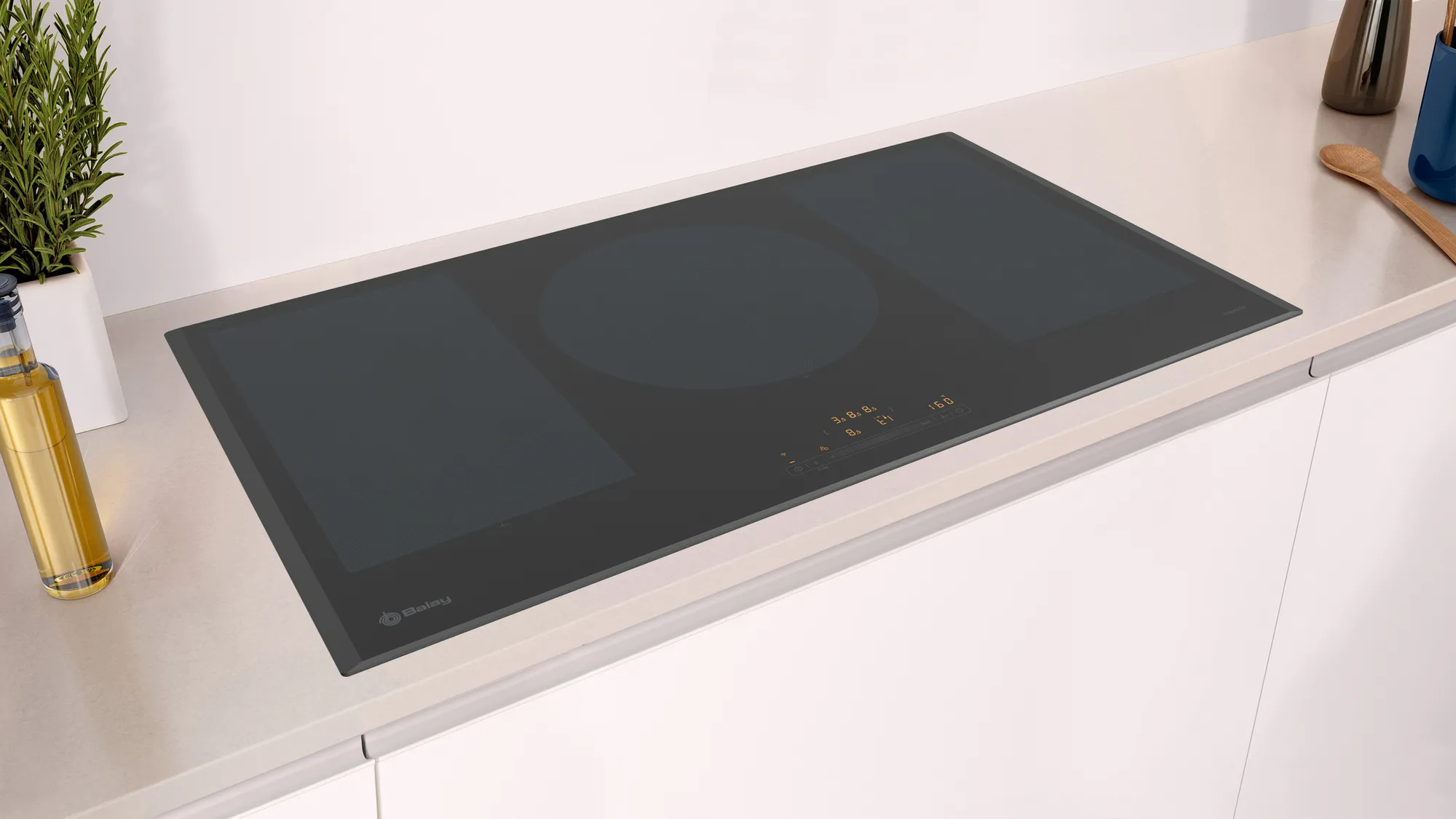 Czarna płyta grzewcza z trzema okrągłymi strefami gotowania, sterowaniem i rośliną na białym blacie.