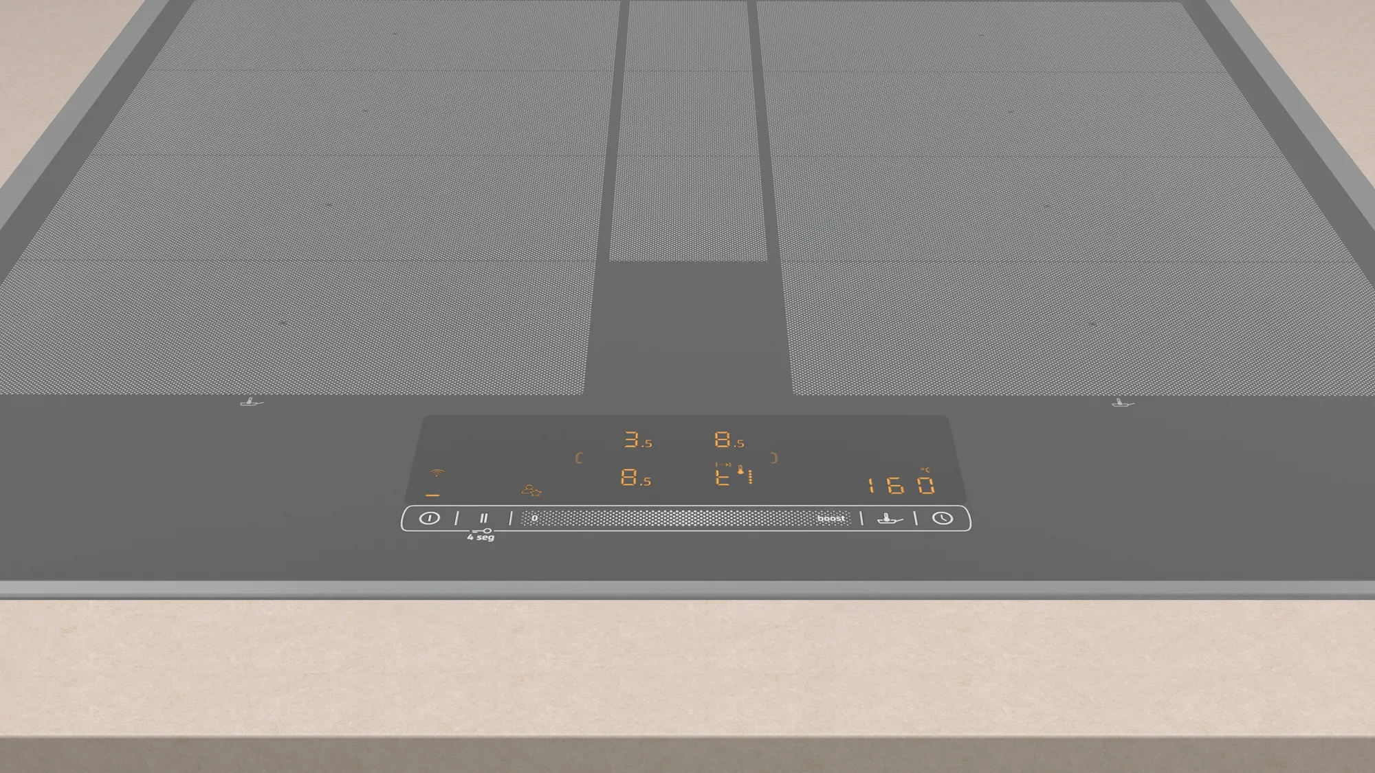 Szara płyta indukcyjna z panelem sterowania i wyświetlaczem na beżowym blacie.