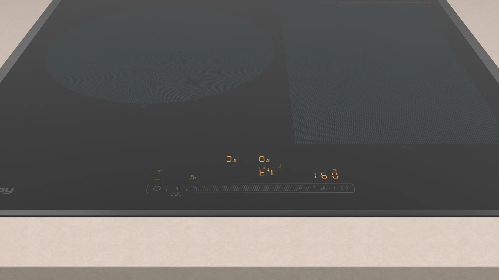 Czarna płyta indukcyjna z dwoma strefami gotowania i panelem sterowania na beżowym blacie.