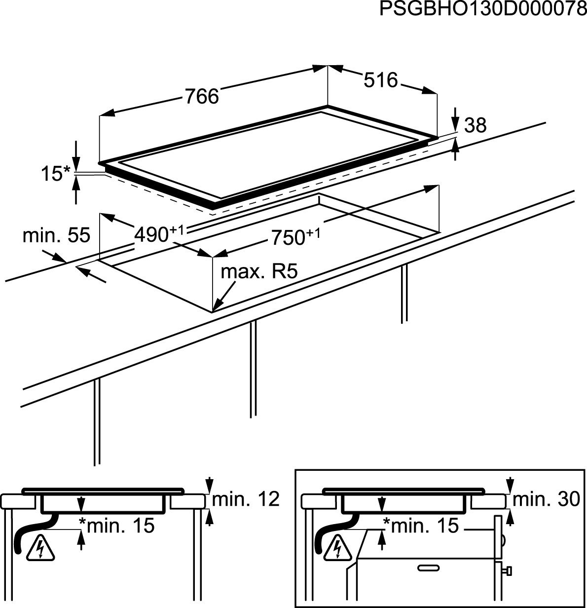Un diagramma mostra le misure per l'installazione di un piano cottura, comprese le dimensioni e le dimensioni del taglio.