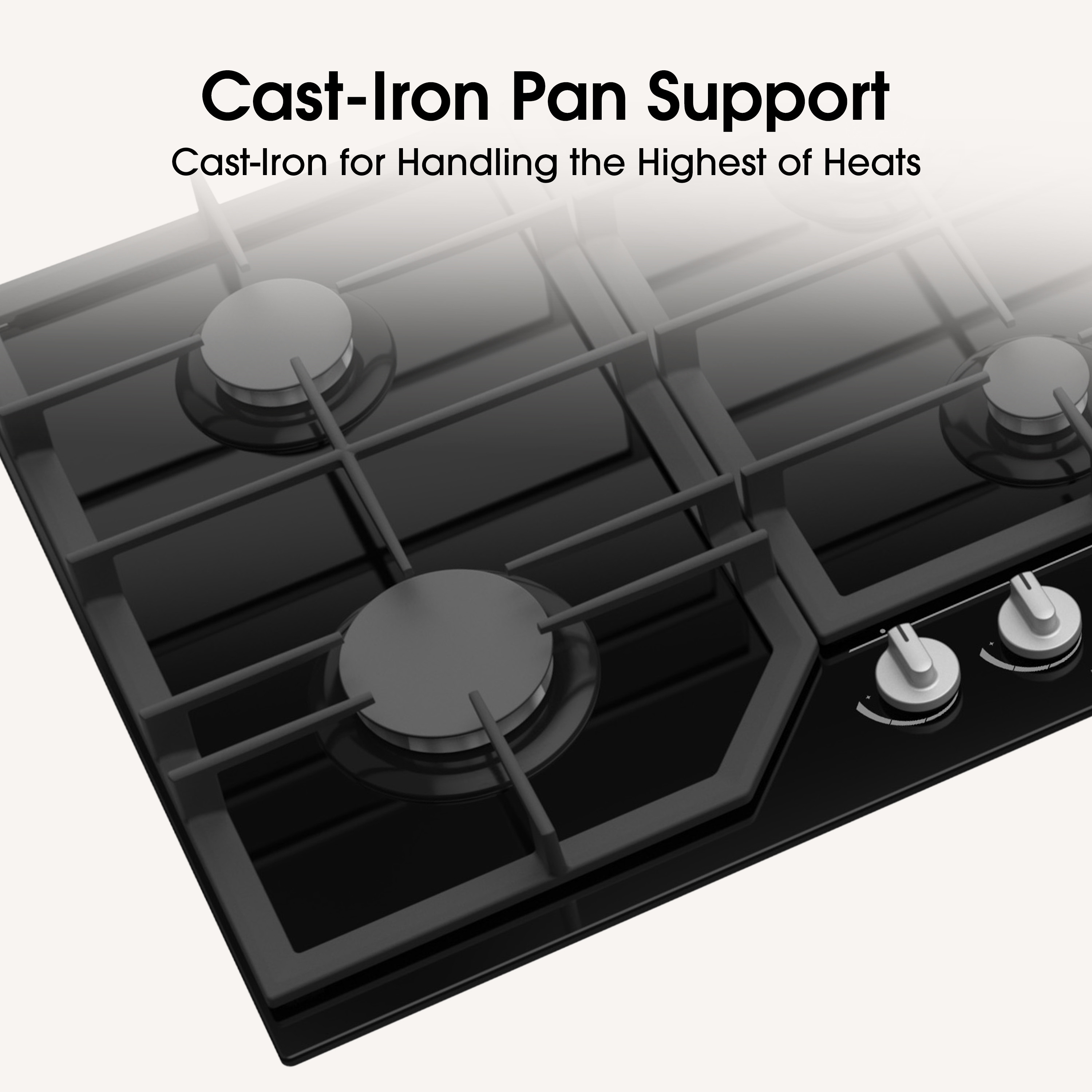 Czarna płyta grzewcza z czterema palnikami i żeliwnymi podporami.