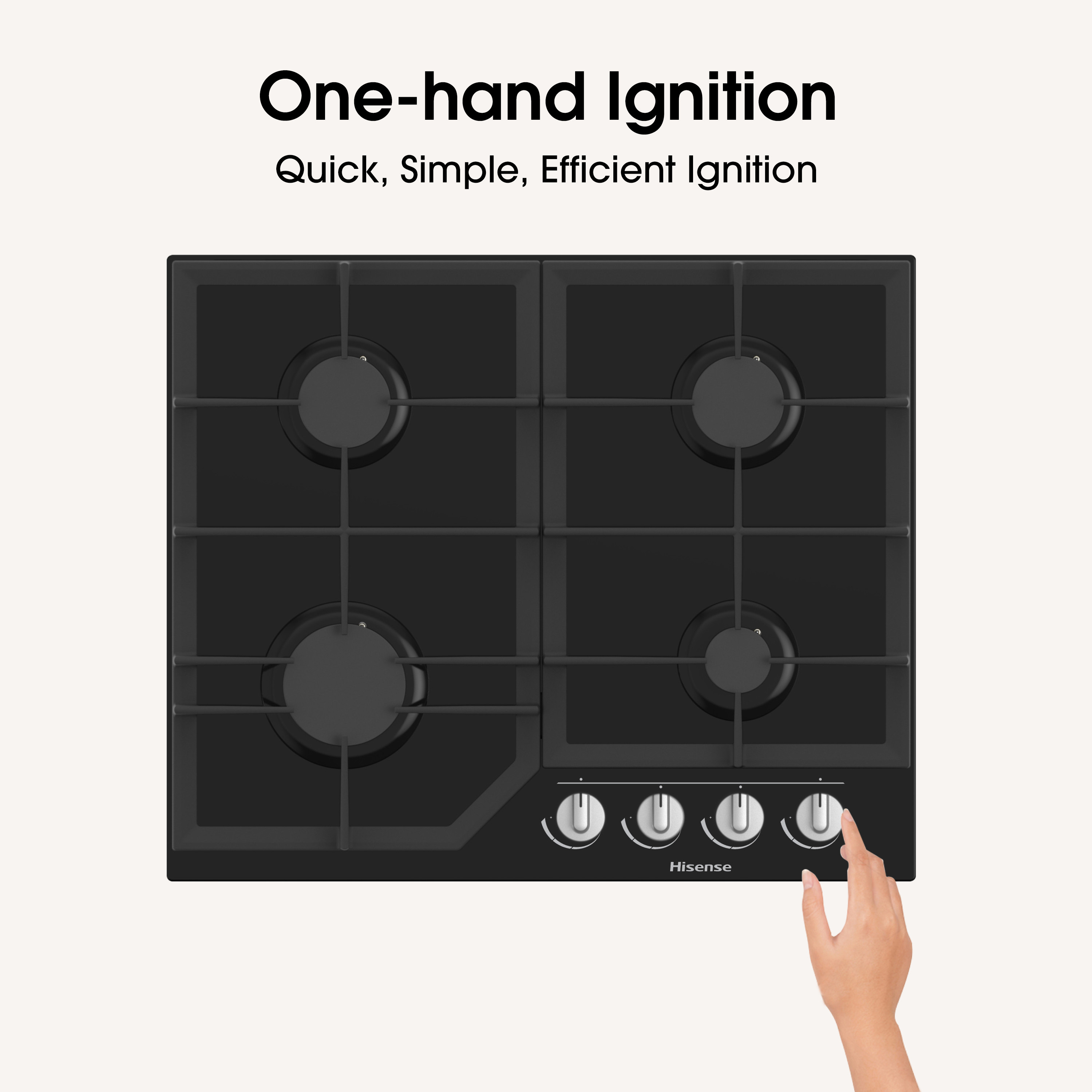 Czarna płyta grzewcza Hisense z czterema palnikami, ręka kręci pokrętłem.