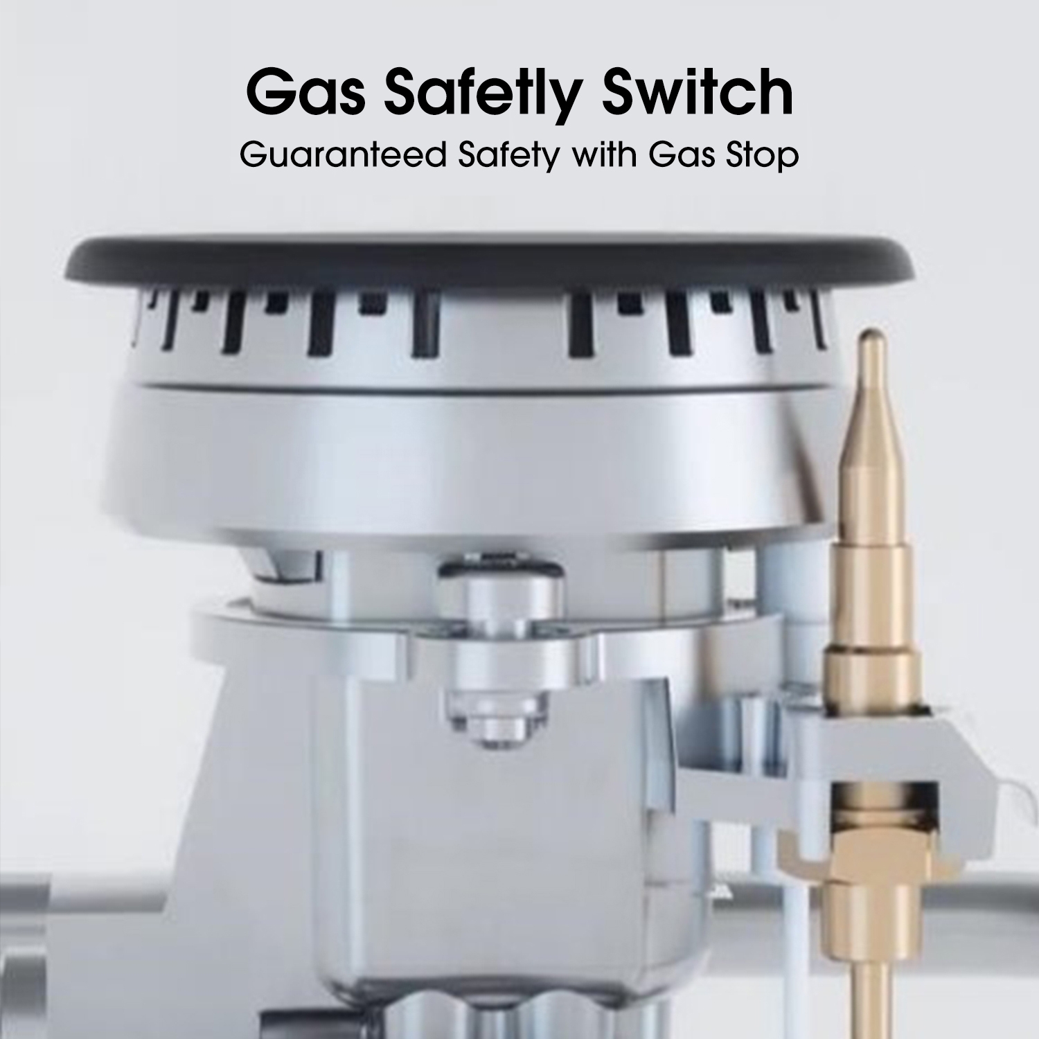 Un primo piano di un componente del fornello a gas con la scritta 'Gas Safety Switch'.