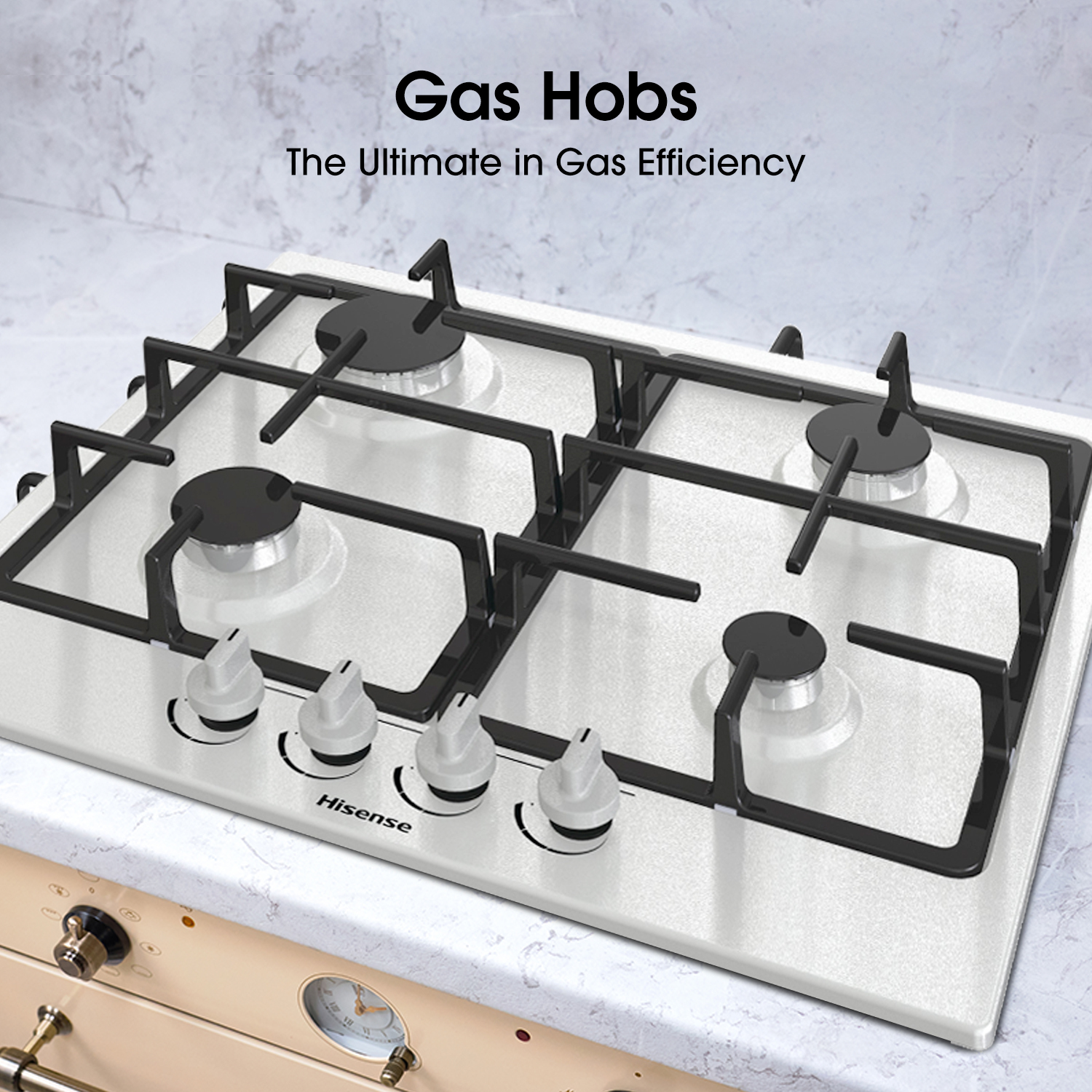 Piano cottura a gas bianco con dettagli neri e manopole bianche. Sopra la scritta "Gas Hobs".