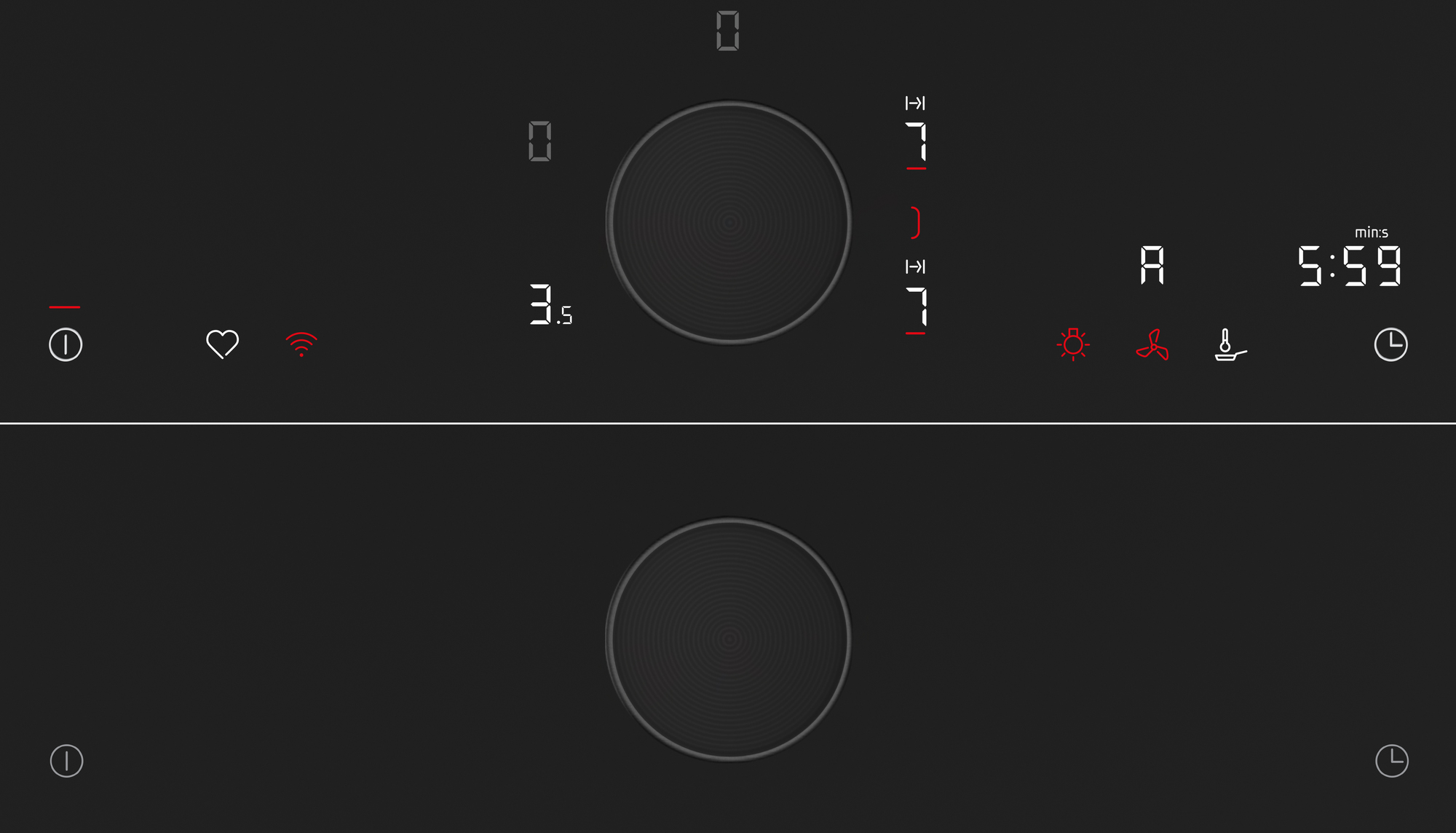 Czarny panel sterowania płyty grzewczej z dwoma aktywnymi palnikami, wyświetlający ustawienia i timer.