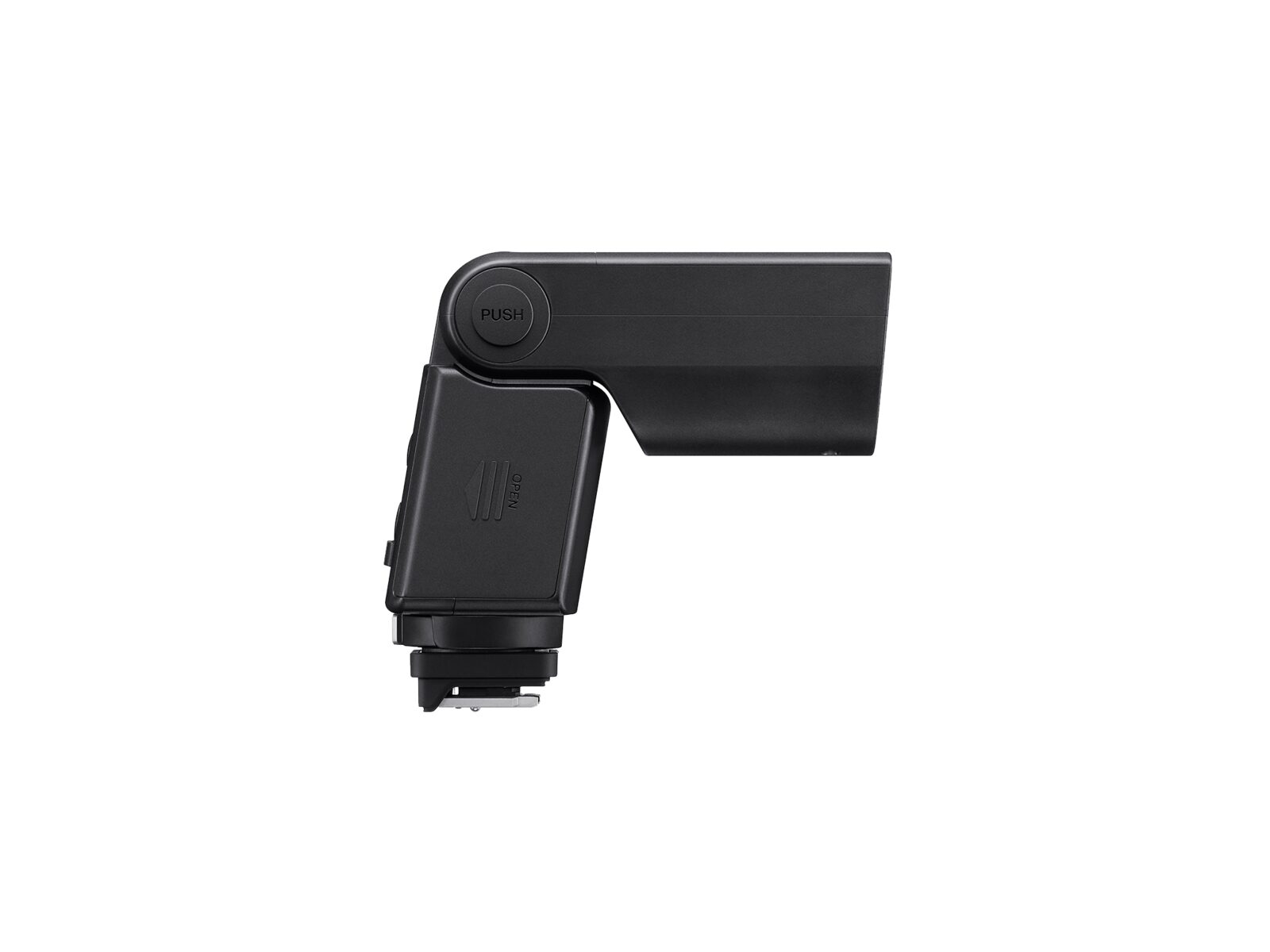 Un flash della fotocamera nero su sfondo bianco.