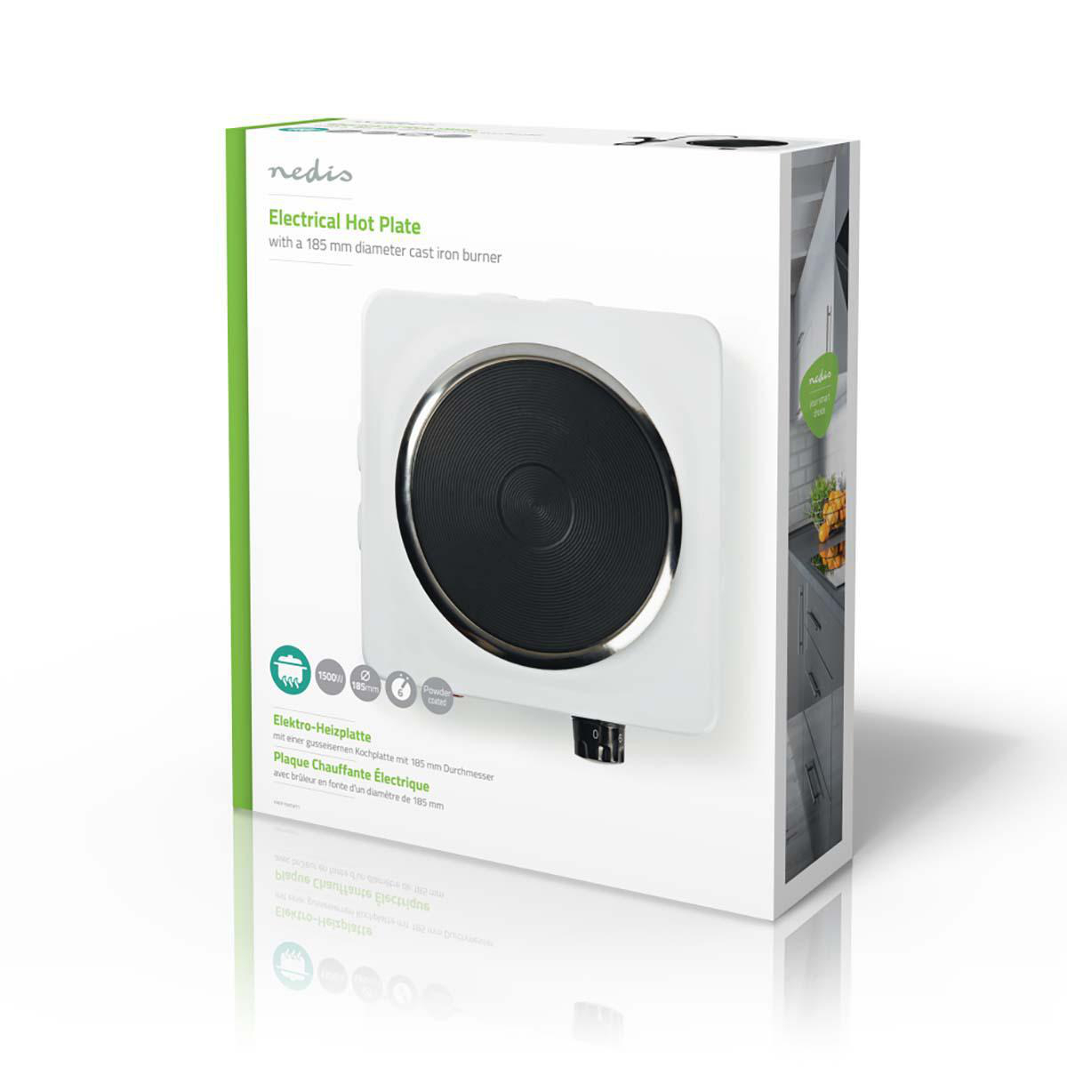 Zapakowana elektryczna płyta grzewcza z czarnym palnikiem, białym przodem i informacjami.