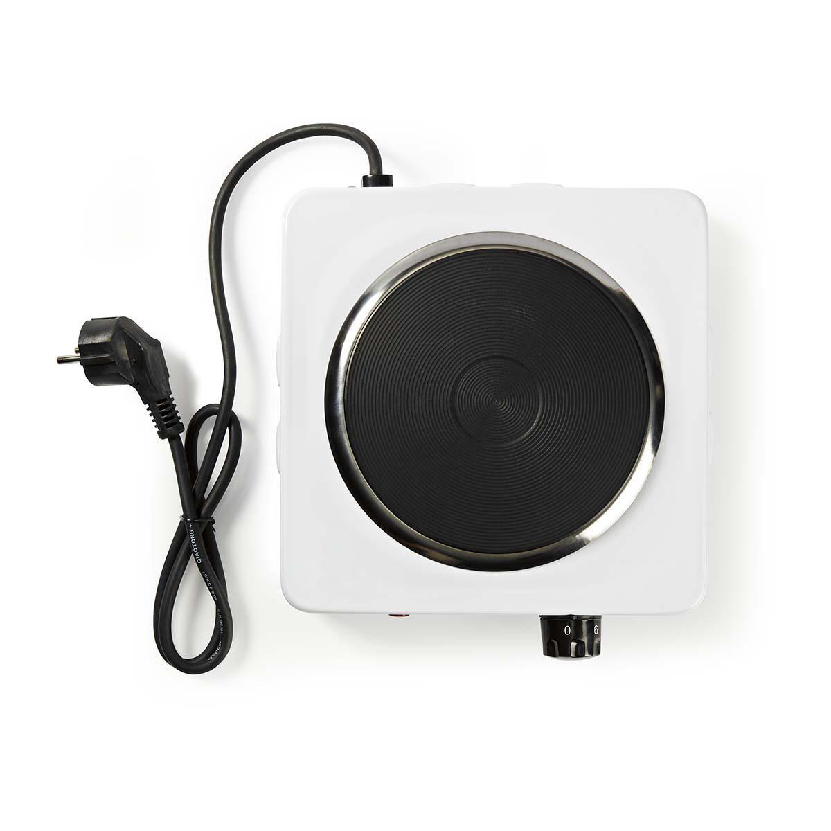 Biała przenośna płyta grzewcza z czarnym palnikiem i przewodem zasilającym.
