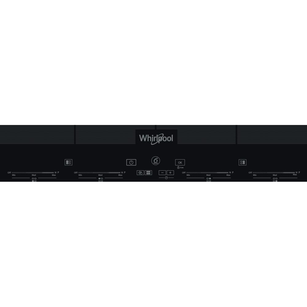 Primer plano del panel de control negro de la placa Whirlpool.