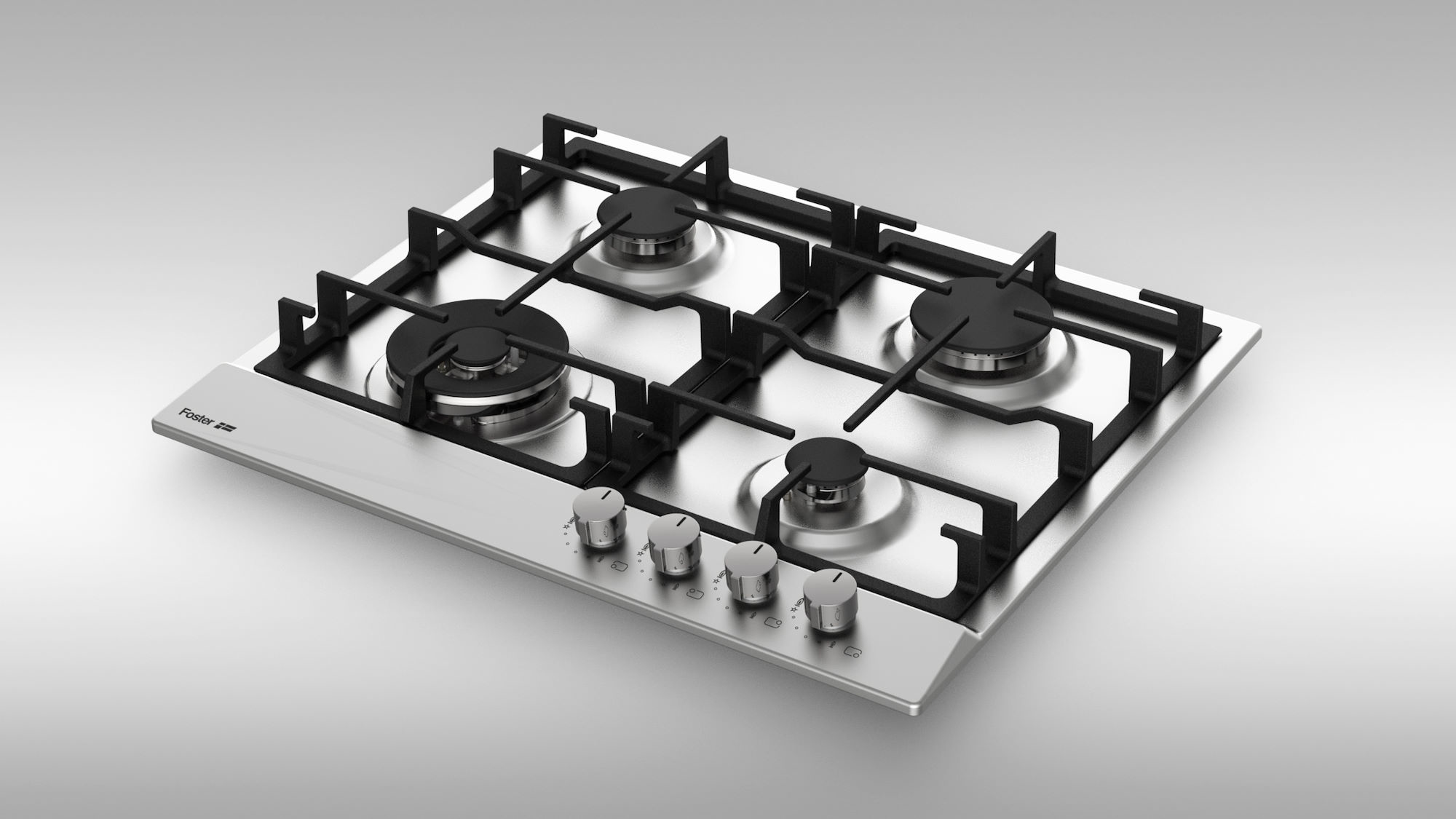 Płyta gazowa ze stali nierdzewnej z czterema palnikami i pokrętłami na szarym tle.