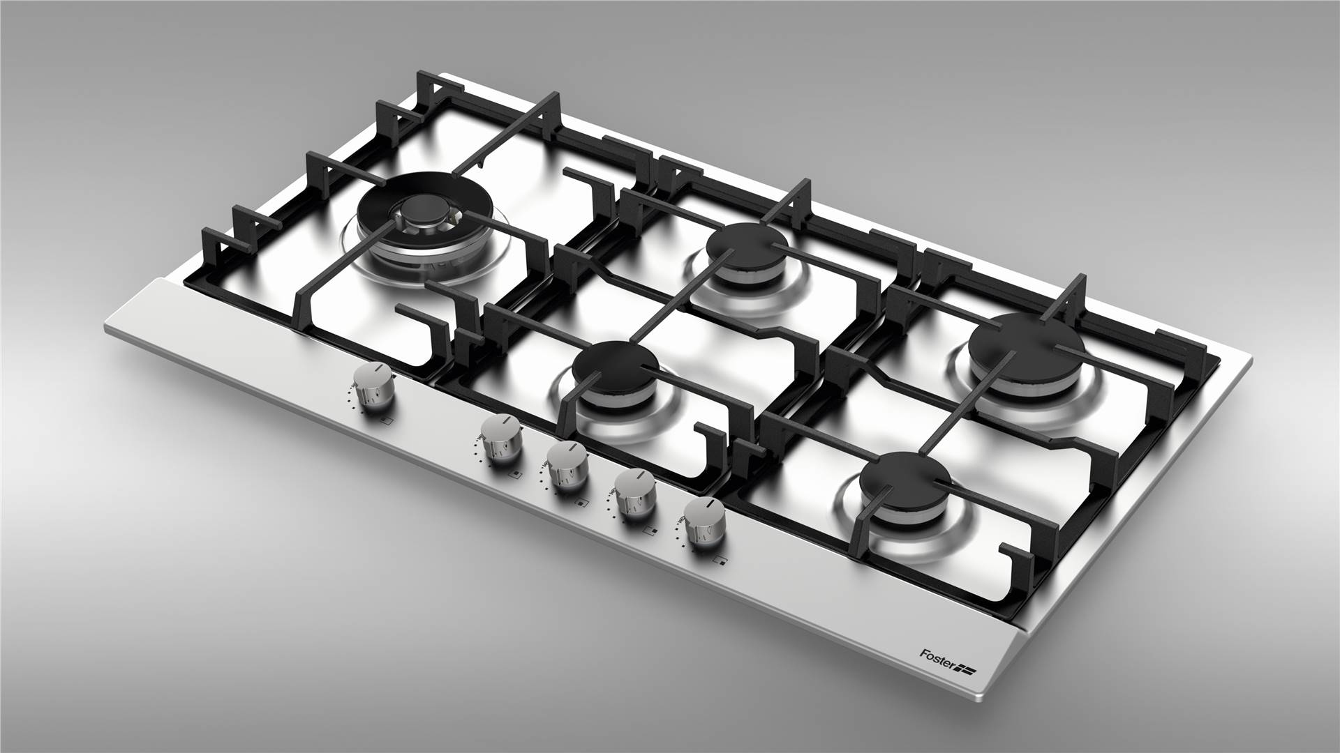 Gazowa płyta grzewcza ze stali nierdzewnej z pięcioma palnikami na szarej powierzchni.