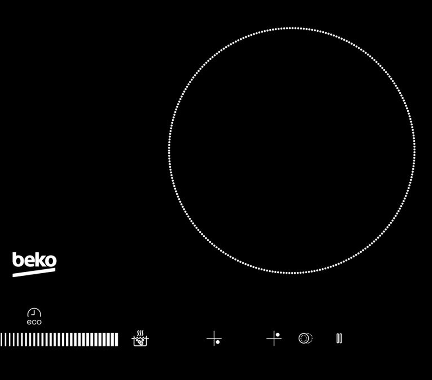 Czarna płyta indukcyjna z białym kropkowanym pierścieniem dla strefy gotowania i logo Beko.