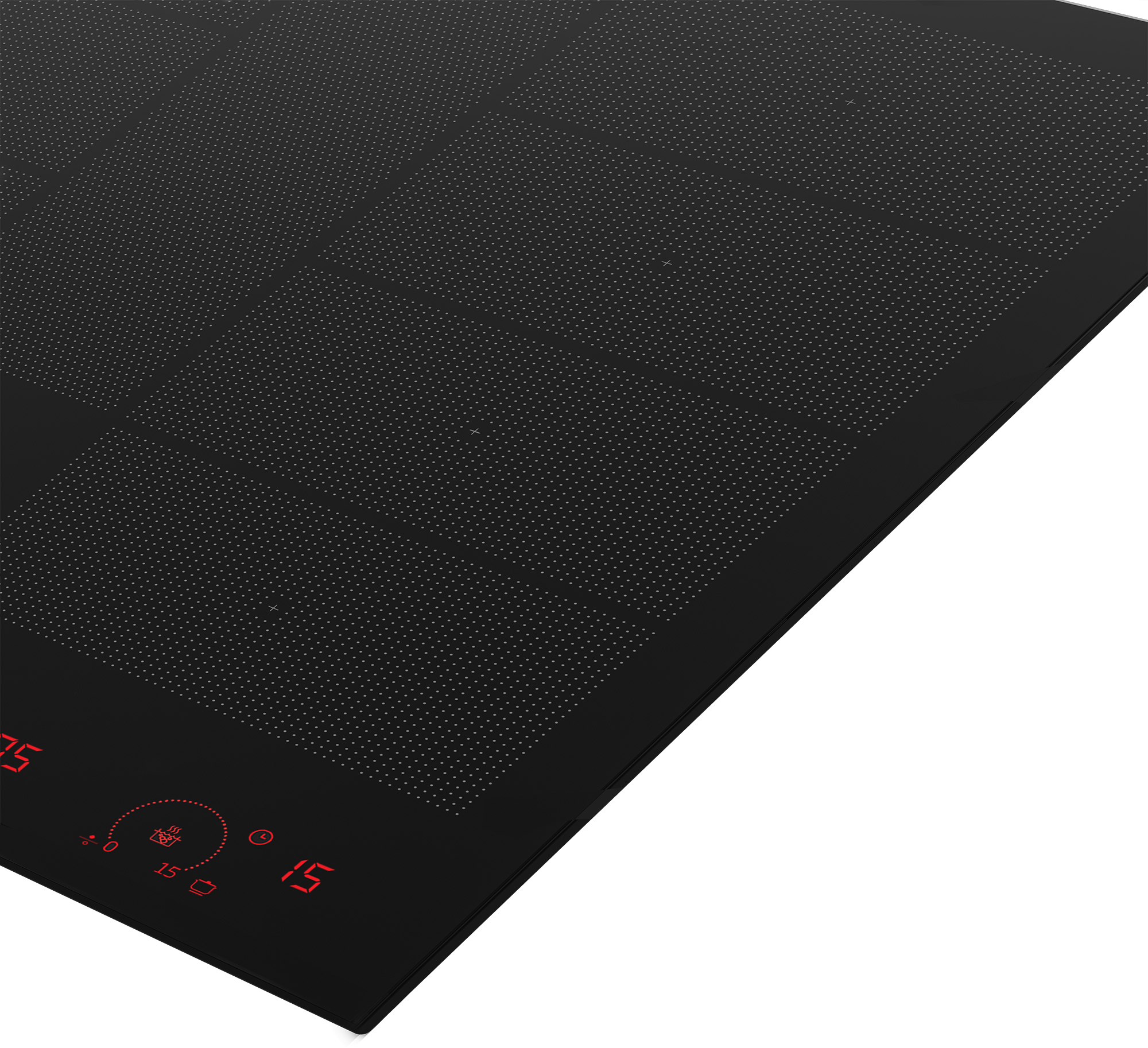 Un primo piano di un piano cottura a induzione nero con display digitale rosso.