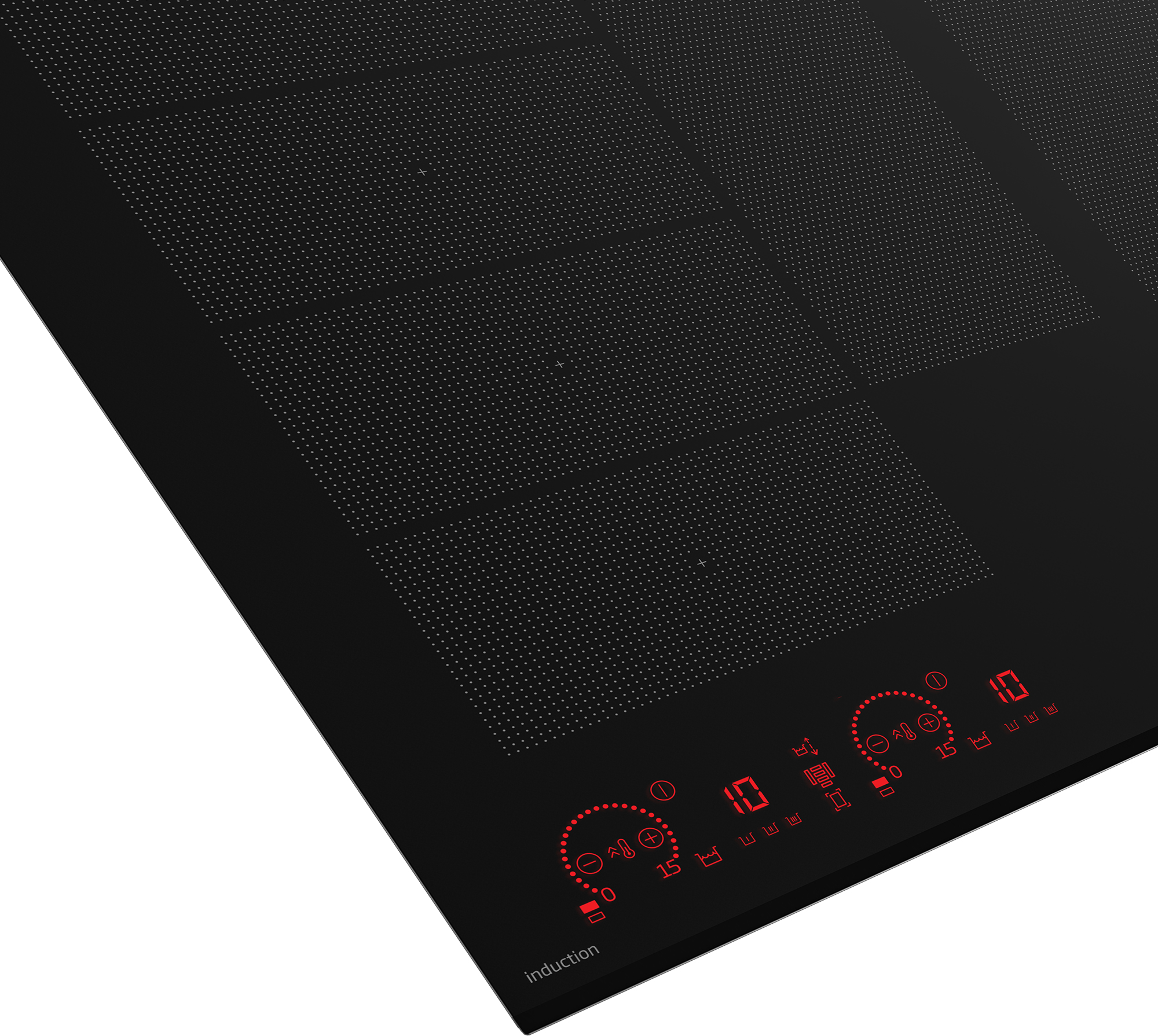 Piano cottura a induzione nero con comandi e display rossi. Il piano cottura è angolato.