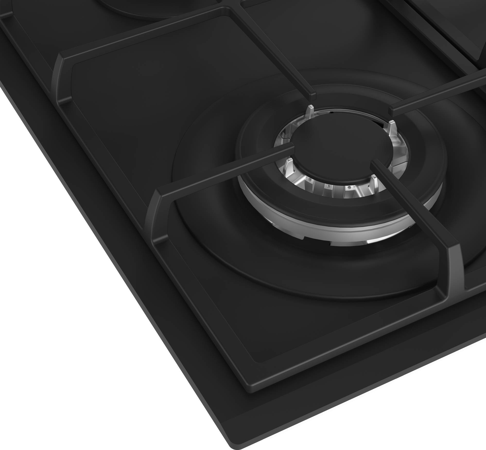 Zbliżenie czarnego palnika kuchenki gazowej ze srebrnym środkiem i metalowym rusztem.