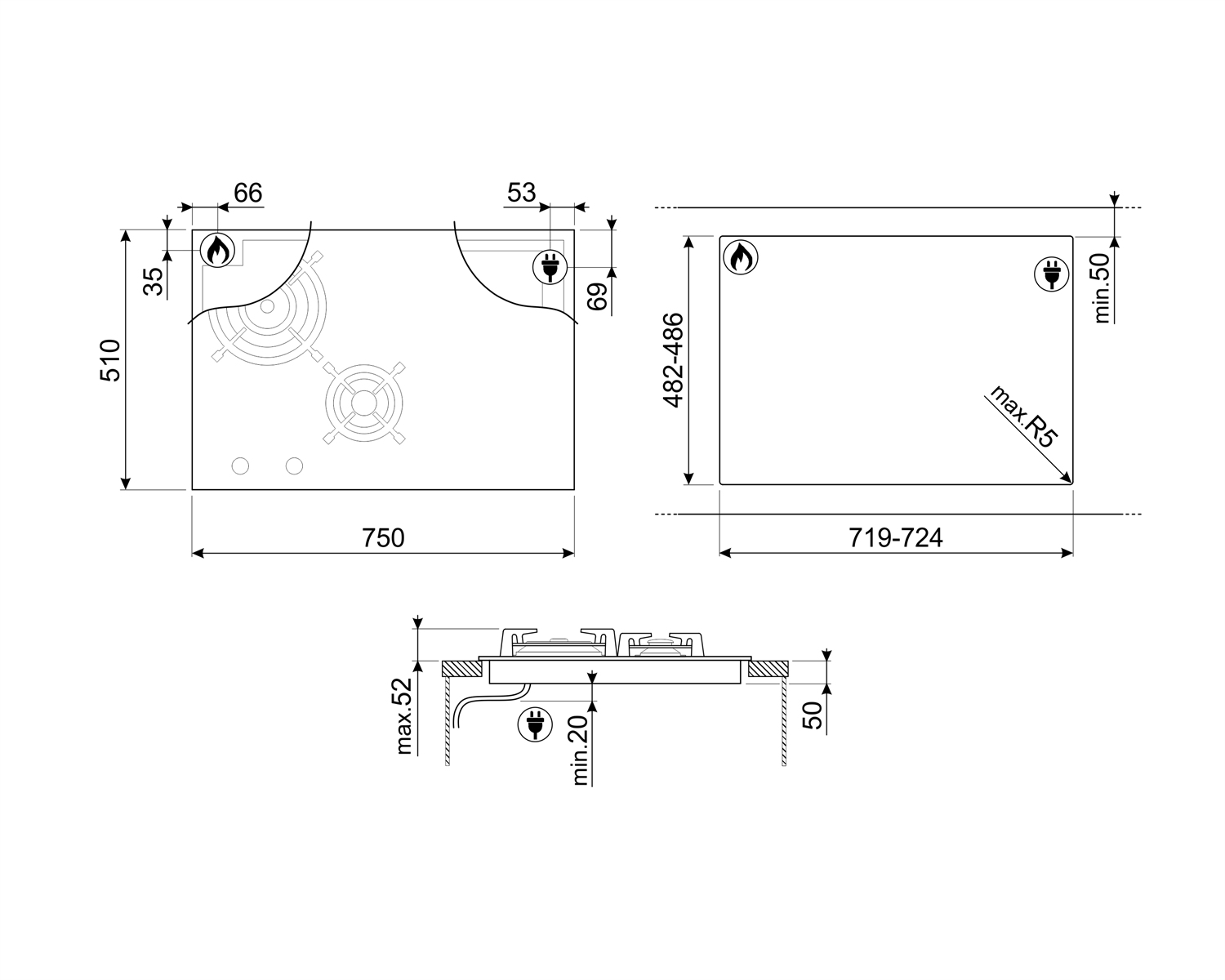 Dibujo técnico de una placa con dimensiones y símbolos de quemadores de gas.