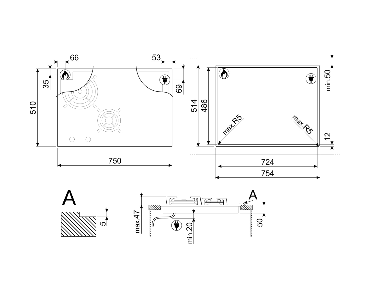 Diagrama de una placa de cocina con medidas. Contiene dimensiones y detalles del dispositivo.