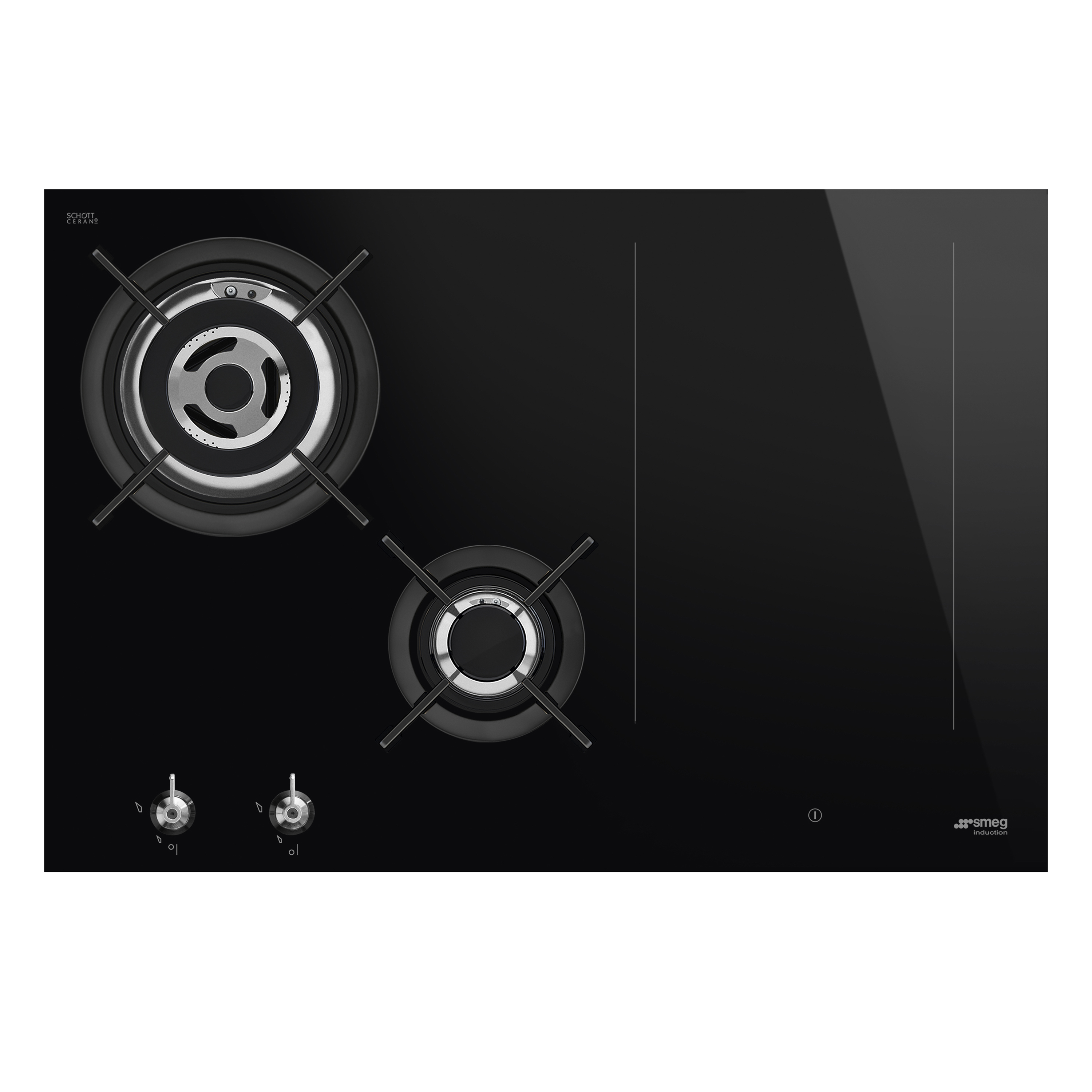 Placa negra con dos fuegos de gas y controles táctiles, marca SMEG.